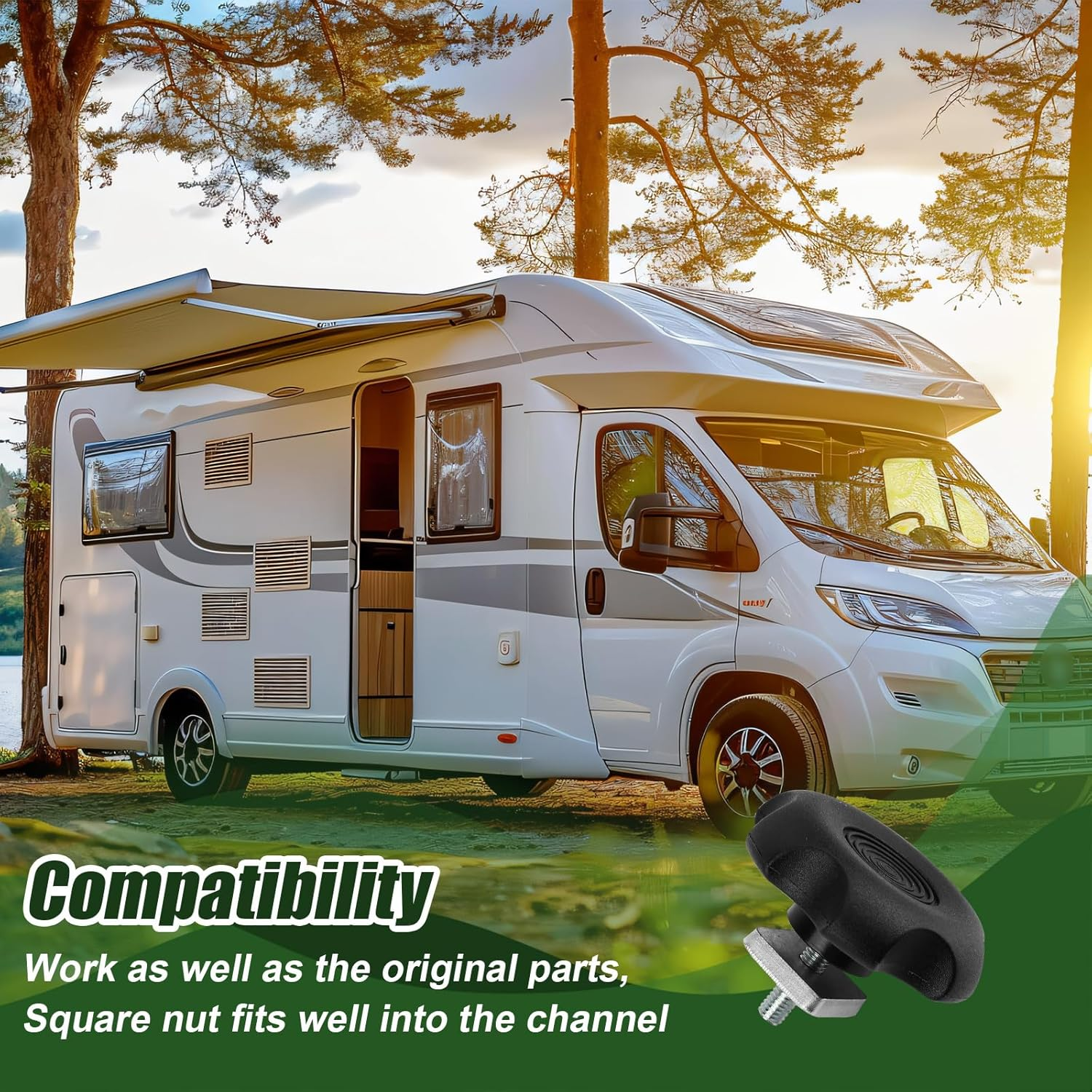 2Pcs RV Awning Brace Knob Nut Kit, Black Camper Awning Brace Knob Camper Awning Parts RV Awning Locking Knob with Square Nut Accessories for RV Motorhome Camper image number 2