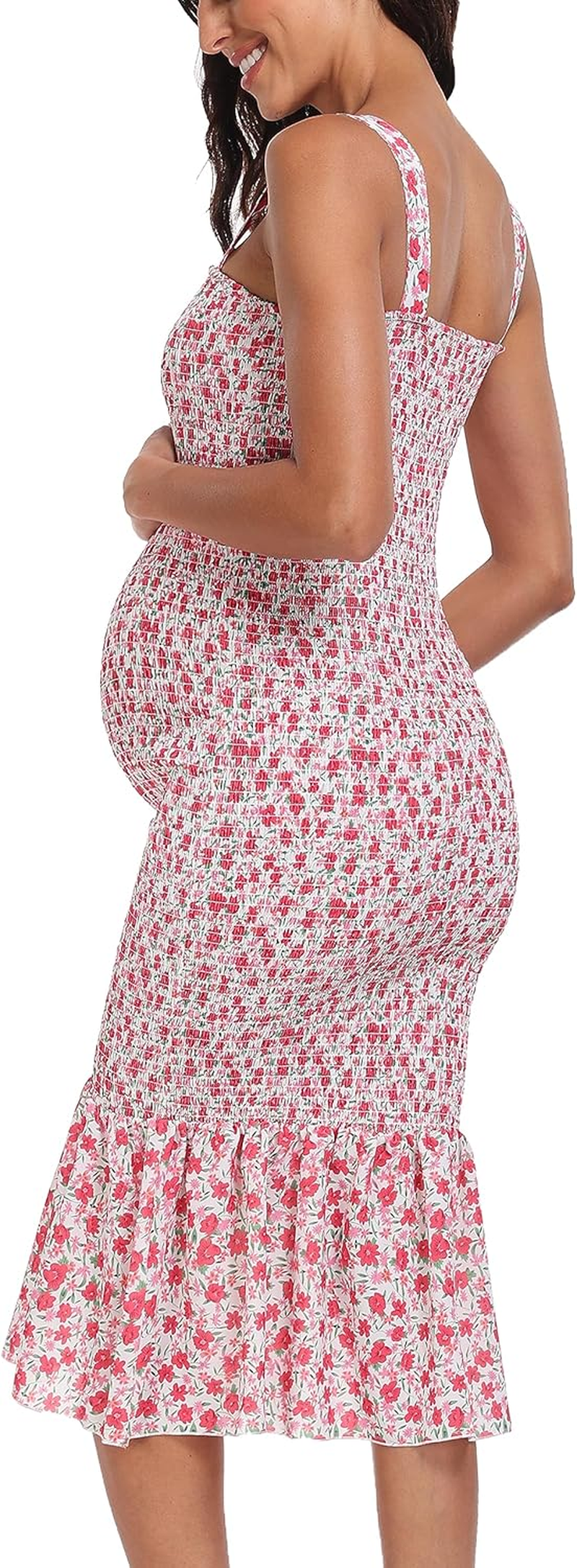 Summer Floral Midi Tank Maternity Dress, Sleeveless Strappy Ruffle Hem Smocked Bodycon Baby Shower Dresses image number 6