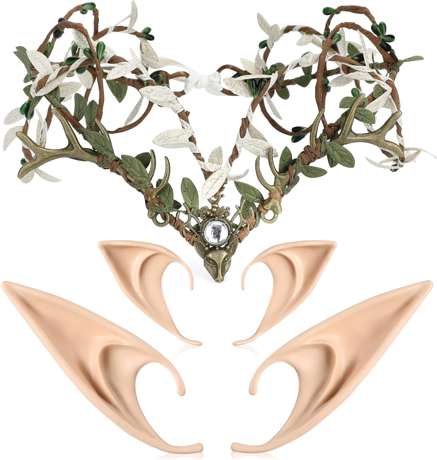 MOSTORY Elf Ears with Headband Woodland Crown Headpiece Fairy Pixie Ears and Green Twigs Circlet Cosplay Costumes for Women