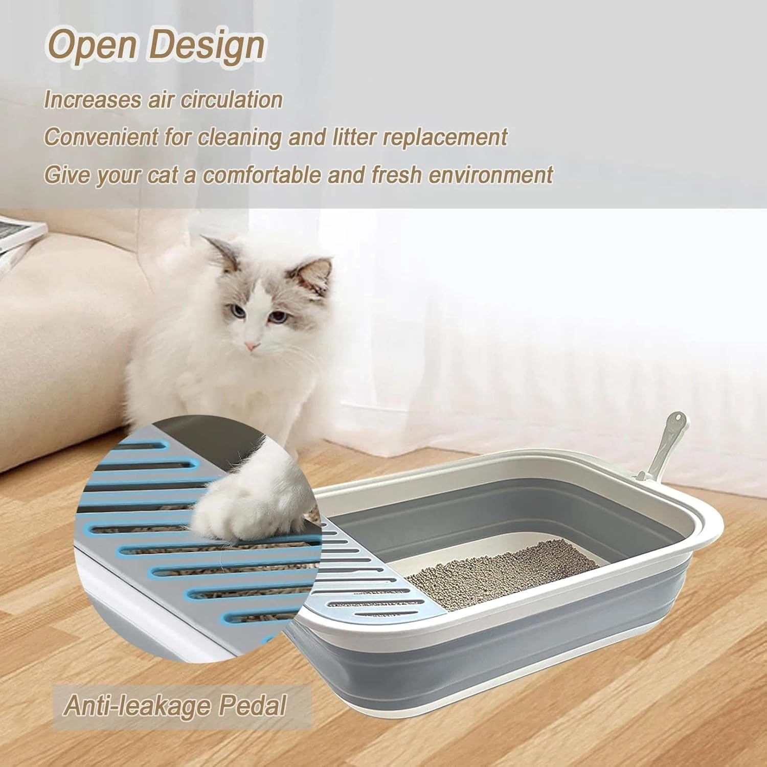 CRFY Collapsible Kitten Litter Box, 17.7 X 13.4 X 5 Inch Open Cat Potty Pan with Scoop Foldable Shallow Cat Toilet Anti-Splashing Low Entrance Travel Litter Box with Falling Sand Pedal Grey - Pink image number 6
