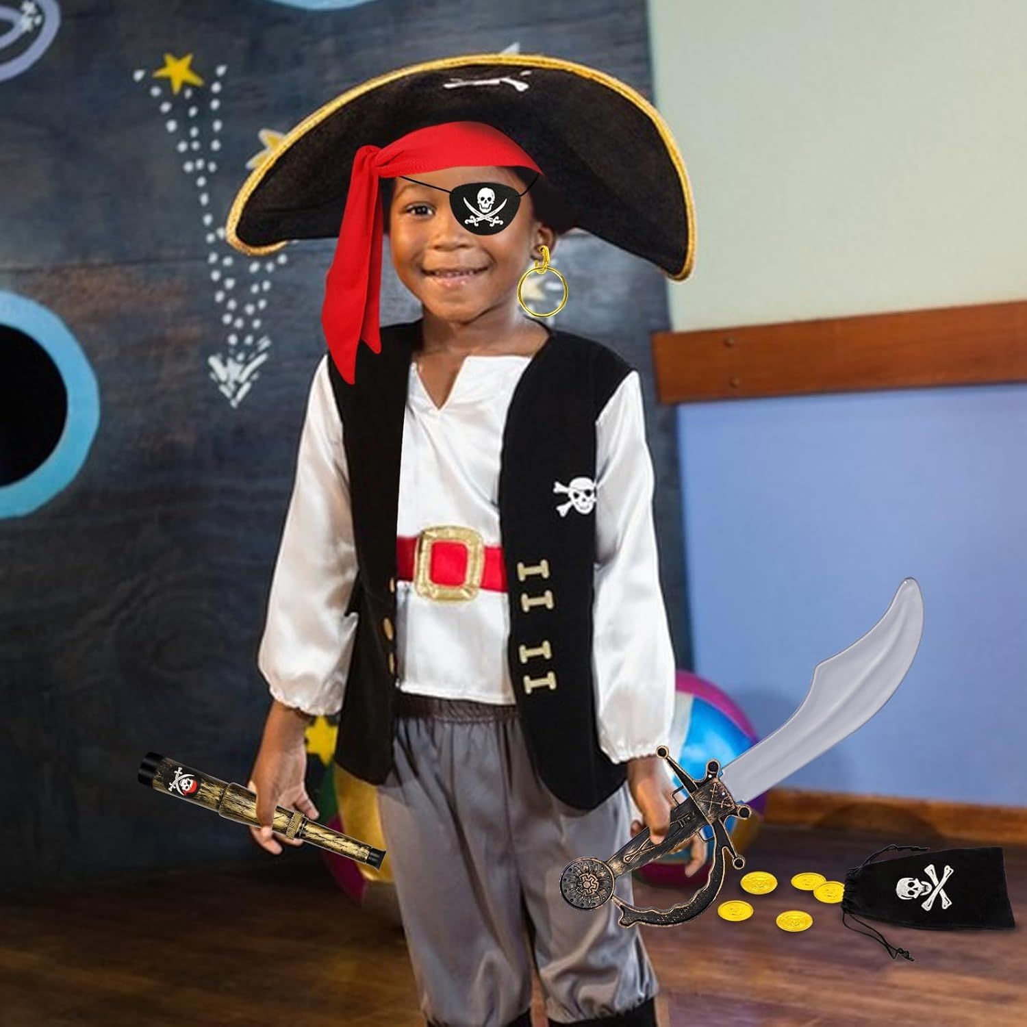 7 PCS Pirate Costume Accessories for Kids,Pirate Accessories Set Captain Outfit for Halloween Party Cosplay image number 2