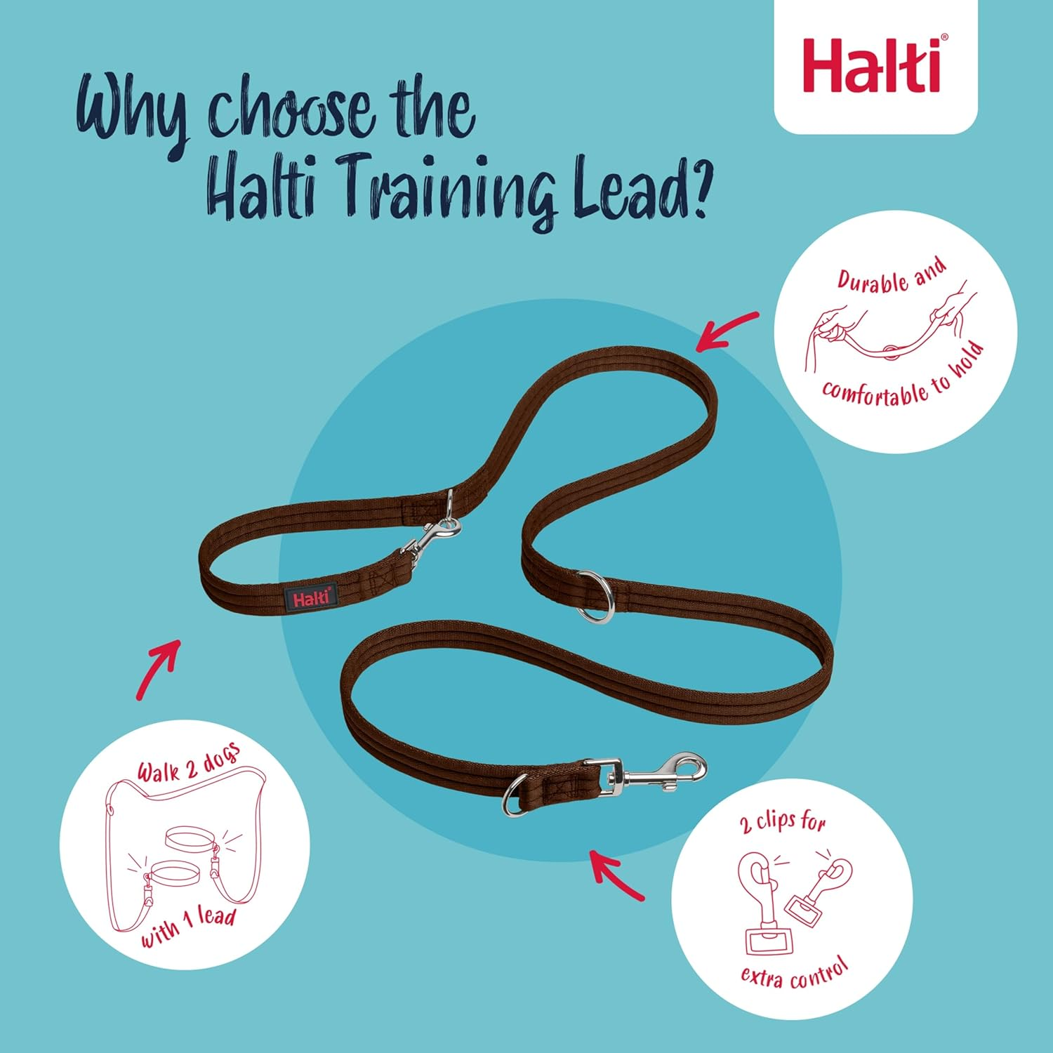 HALTI Double Lead - Multifunctional Dog Lead for Training and Walking Your Dog. Lightweight and Neoprene Padded. Suitable for Puppies (Size Small, Walnut Brown, 2M) image number 5