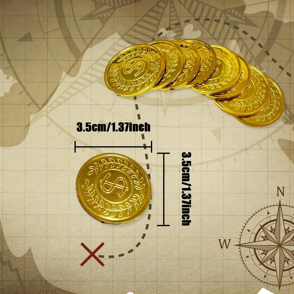 WELANE Gold Coins, 100 PCS Plastic Pirate Coins for Party, Treasure Hunt Game, Classroom Reward (3.5Cm/1.37In) image number 6