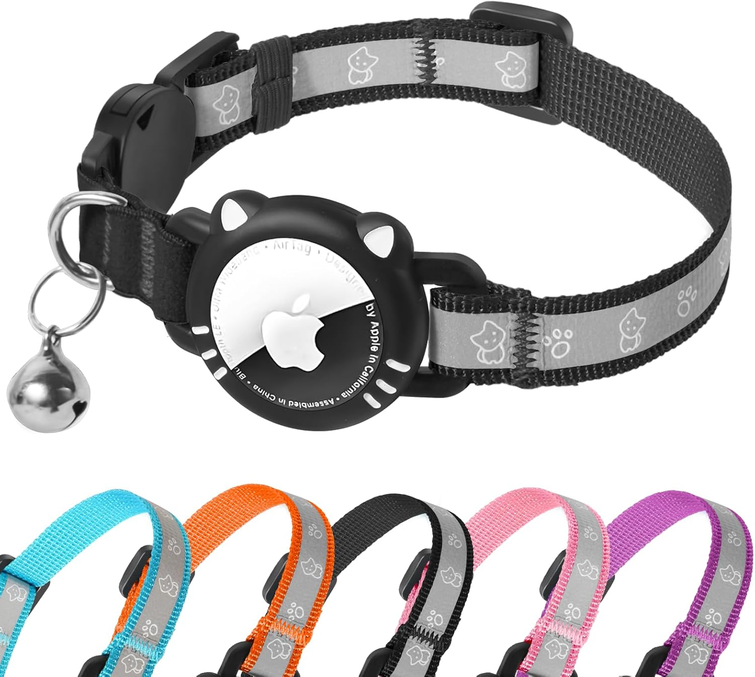 Agoumlux Airtag Cat Collar, Airtag Compatible, Reflective with Safety Clasp, Bell, Purple, S (23-33 Cm)