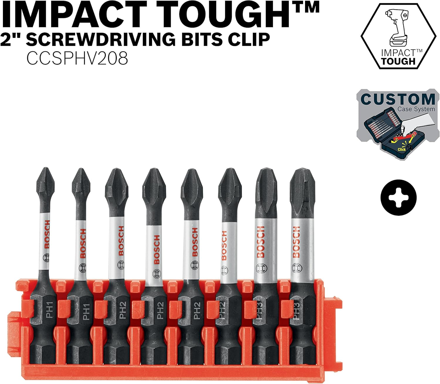 BOSCH CCSPHV208 8-Piece Assorted Set 2 In. Impact Tough Phillips Power Bits with Clip for Custom Case System image number 5