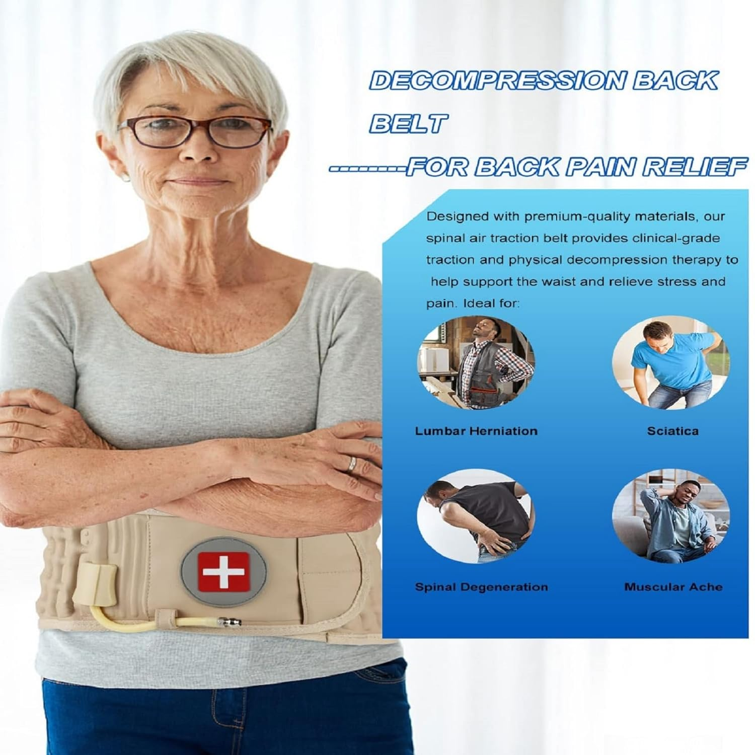 Decompression Back Belt Lumbar Spine Support for Lower Back Pain Relief - Inflatable Back Brace with Hand Pump, One Size Fits 29-49 Waist