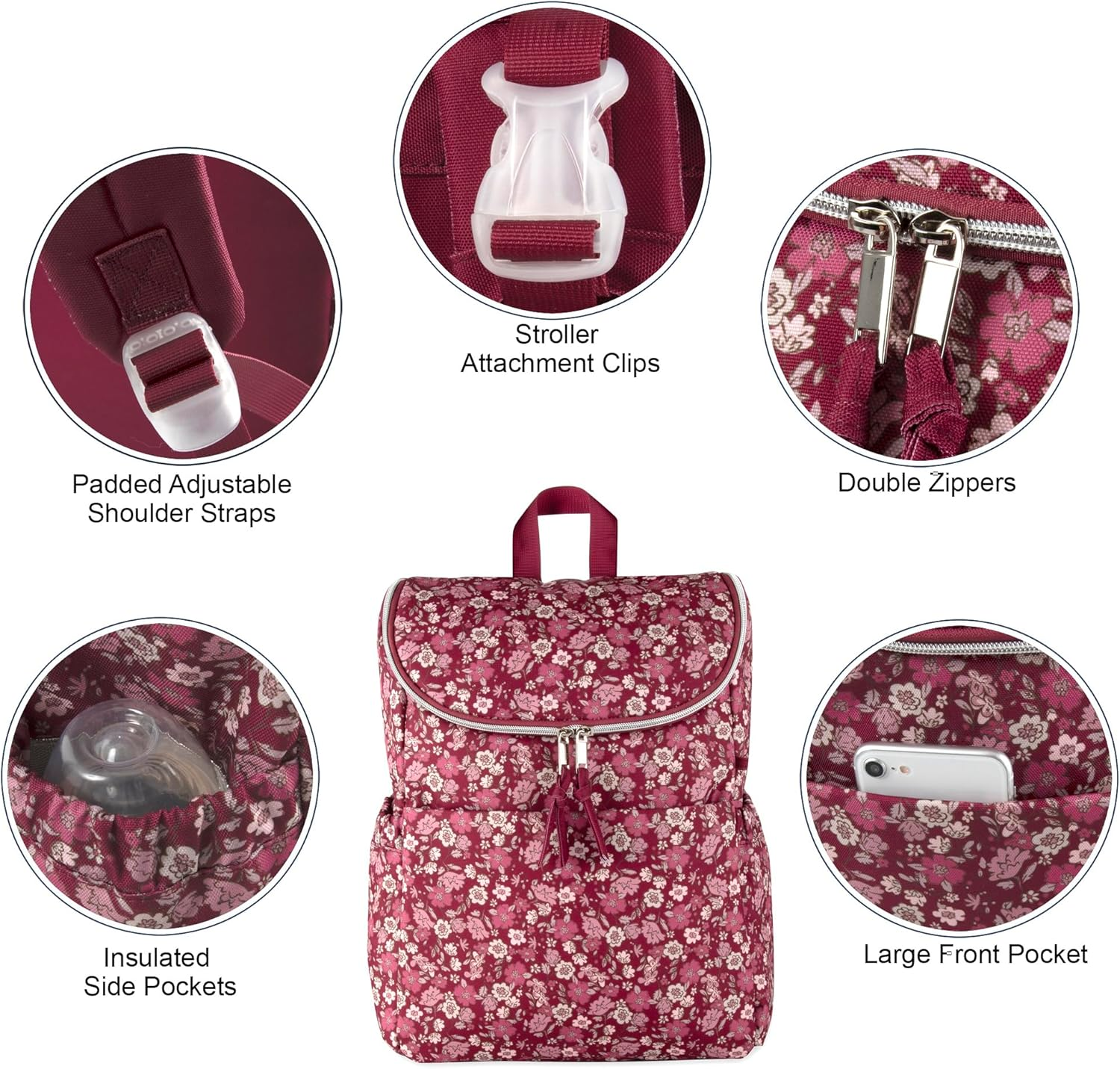 Multi-Function Floral Diaper Backpack and Travel Nappy Baby Bag with Changing Pad and Stroller Straps - Burgundy Floral image number 3