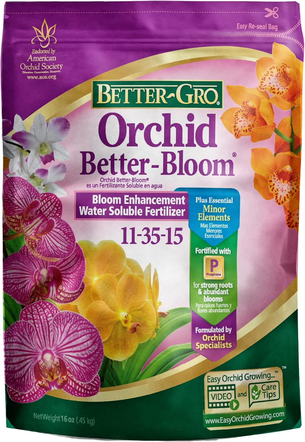 Better-Gro Orchid 11-35-15 - Urea-Free Bloom Fertilizer for Orchids, High-Content Phosphorus for Vibrant Blooms, Water Soluble, Ideal for Indoor House Plants - 16 Oz Resealable Bag image number 2