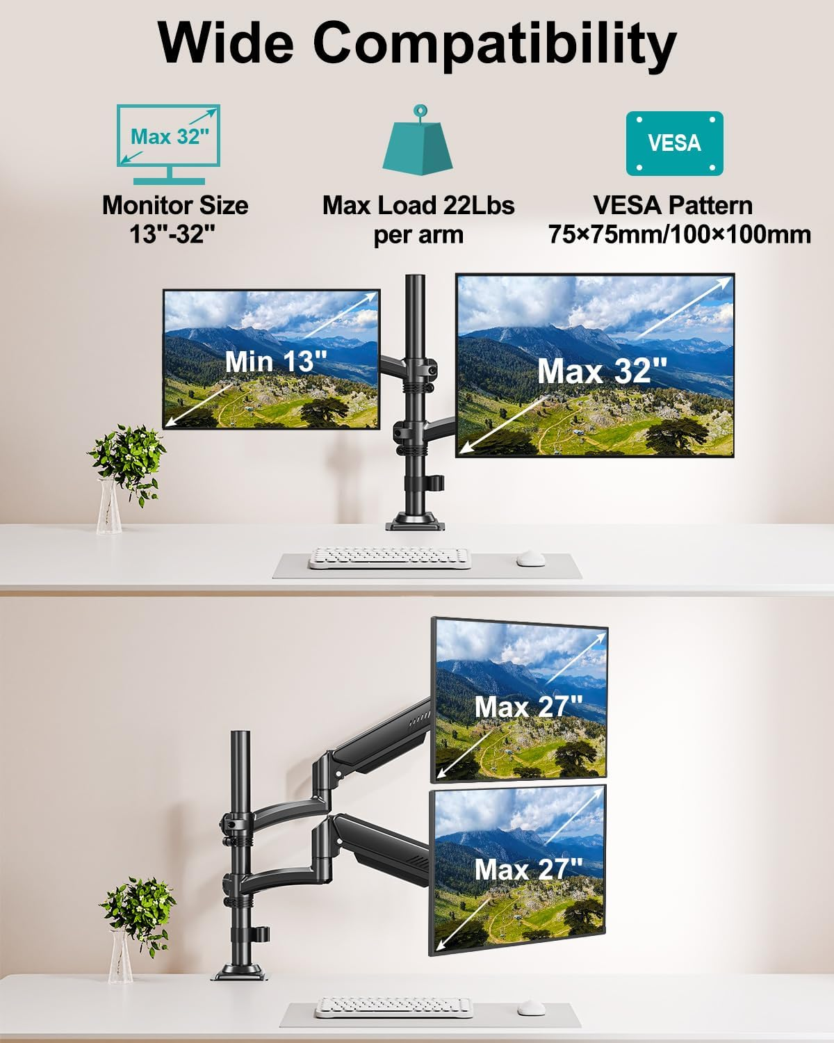 Dual Monitor Stand for Desk, Taller Monitor Arms for 2 Screens up to 32 Inch, Ergonomic Adjustable Gas Spring Double Computer Monitor Mount, Holds 4.4-22Lbs, VESA 75/100Mm, Black, Freelift - White image number 2