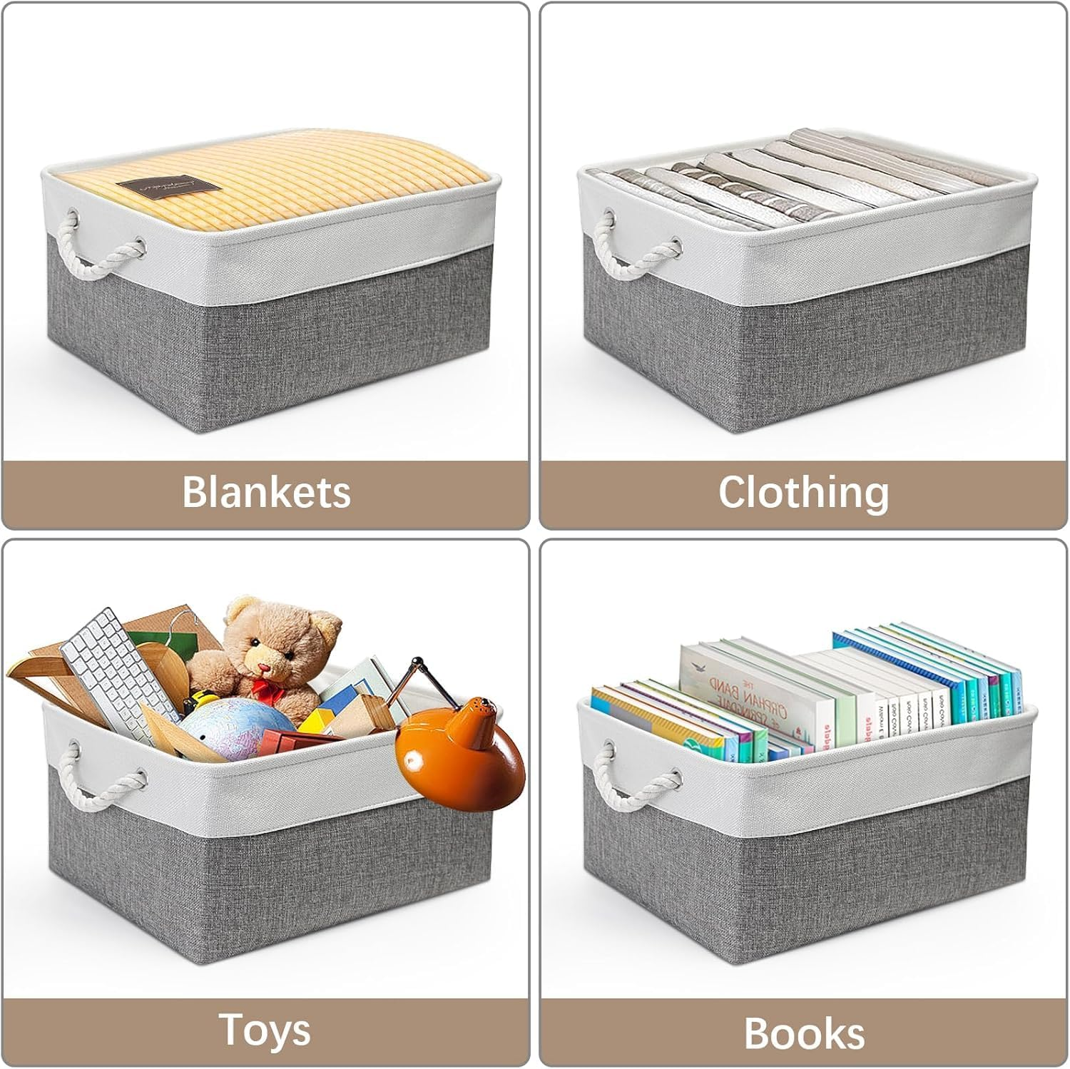 Fabric Storage Bins, 6 Pack Foldable Cube Baskets with Rope Handles, Large Collapsible Storage Cubes for Home, Office, Closet, Clothes, Books Organizer. ( Gray 15"X11"X9.5"） (6Pcs/Large-15X11X9.5) image number 3