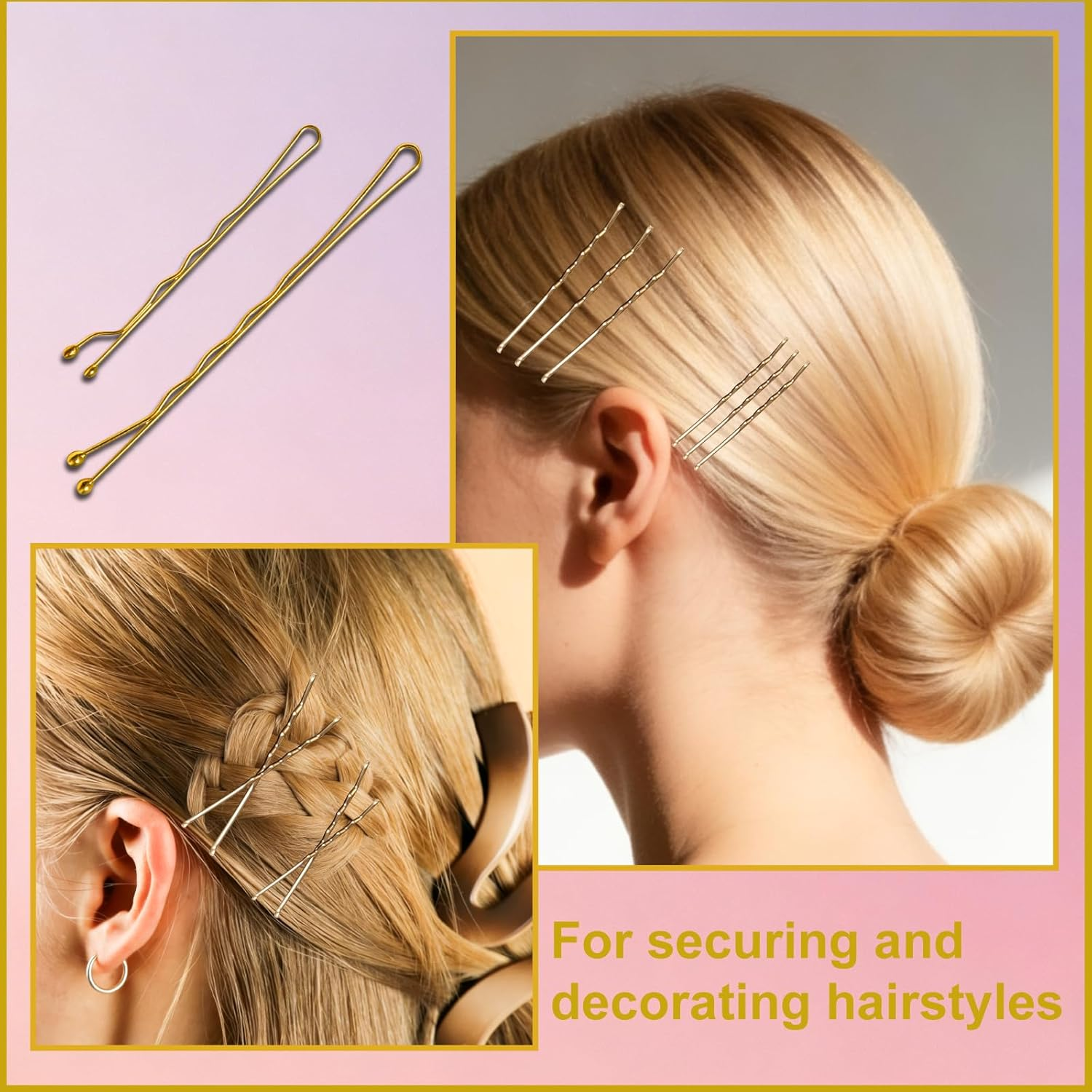 Pack of 200 Hair Pins, Bobby Pins, Gold, Hair Clips, Hair Pins for Women, Ladies, Girls, Hair Accessories, Bun Pins, for Hair Accessories, with 100 Pieces Invisible Clear Hair Bands (Gold) image number 4