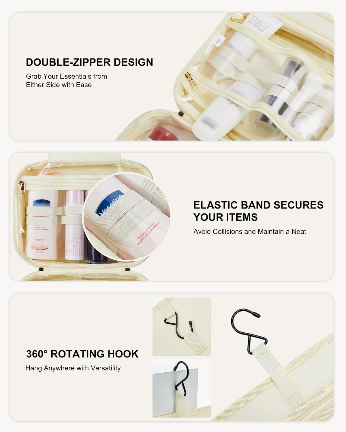 DDPOND Hanging Travel Toiletry Bag - Quilted Convenient & Stylish Organizer for Traveling Women, Pink - Light Pink image number 4