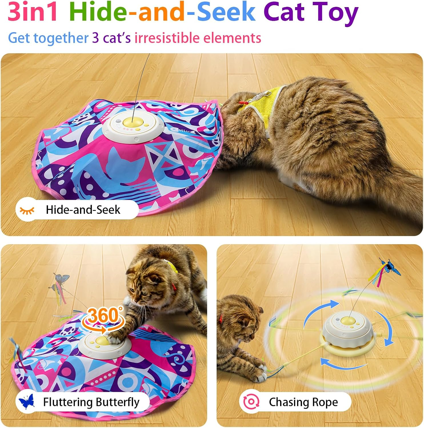 Cat Toys Chargeable, 3In1 Hide and Seek Kitten Wand Toy, Interactive Automatic Cats Toy, Fluttering Butterfly, Moving Feather, Indoor Exercise Kicker for All Breeds image number 4
