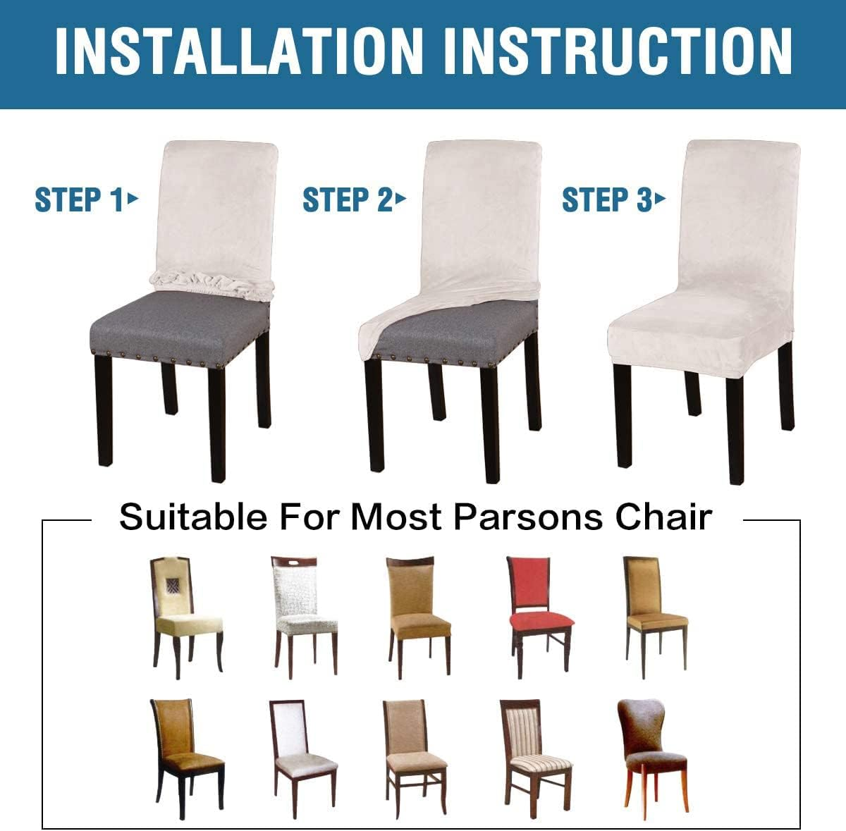 Smarcute Stretch Velvet Dining Chair Covers Set of 6 Chair Covers for Dining Room Parsons Chair Slipcover Chair Protectors Covers Dining, Feature Thick Soft Velvet Fabric, N.Ivory image number 3