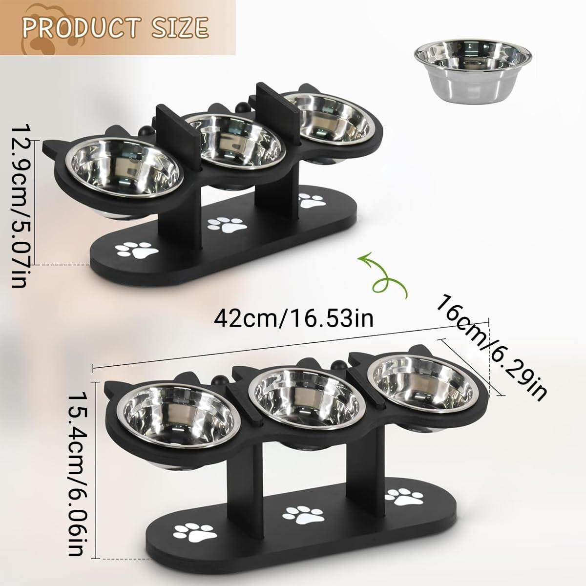 AIMALL 3Pcs Adjustable Pet Feeder, Wooden Cat and Dog Food Bowl Stand with Stainless Steel Bowls, Elevated Feeding Rack for Pets, 16.53X6.29X6.06 Inch Durable Dining Table image number 3