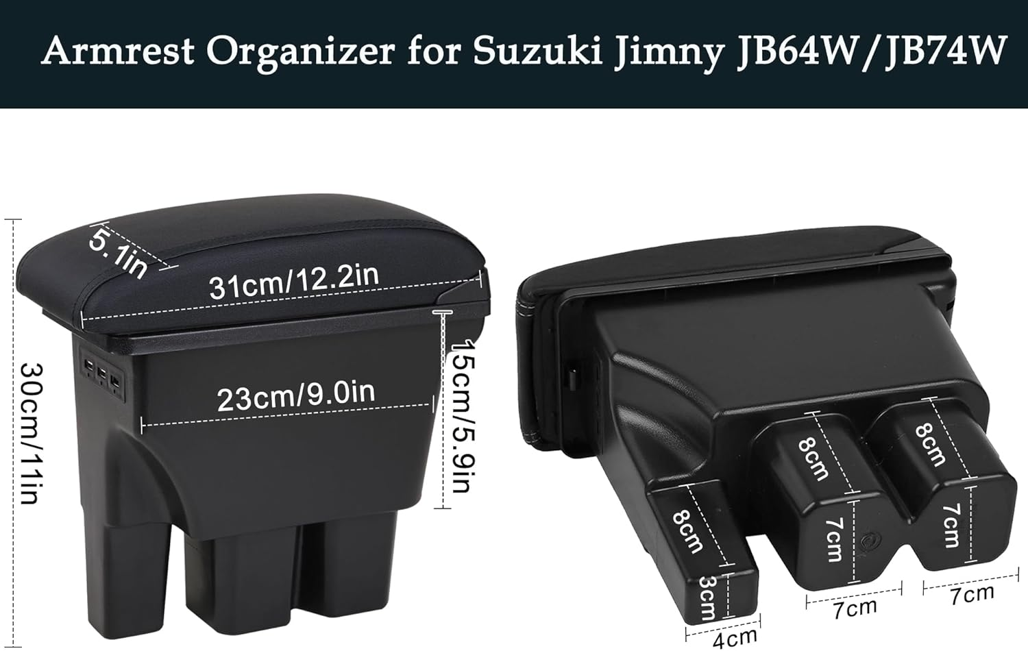 Car Armrest Box for Suzuki Jimny JB64W/JB74W 2018-2025, Adjustable Center Console Organizer Leather Armrest Pillow with Cup Holder, Double Layer Arm Rest Organizers Replacement Interior Accessories