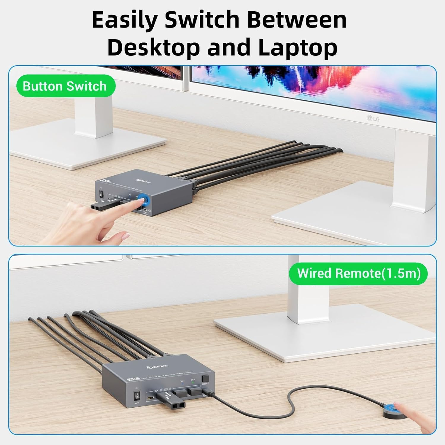 KVM Switch 2 Monitors for 1 Laptop and 1 Desktop 4K@60Hz, USB C HDMI Dual Monitor KVM Switch,Docking Station KVM Switches with 4 USB 3.0 Port, 80W PD Charging, Wired Remote and USB-C Cable Included image number 6