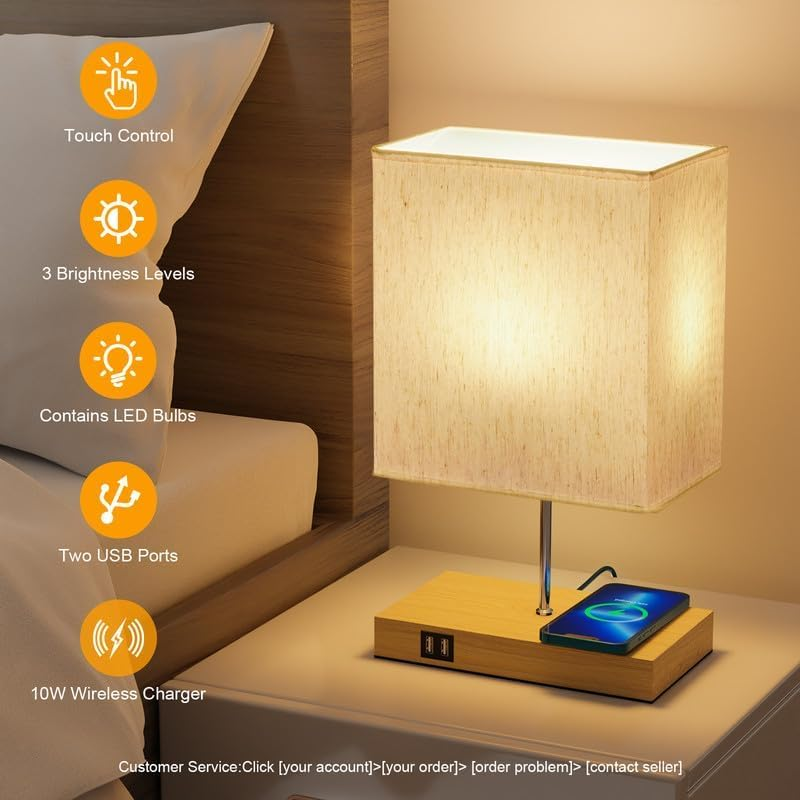 ​10W Wireless Charging Bedside Lamp - Touch Dimmable LED Table Lamp with 2 USB Ports, 3 Brightness for Bedroom & Office image number 3