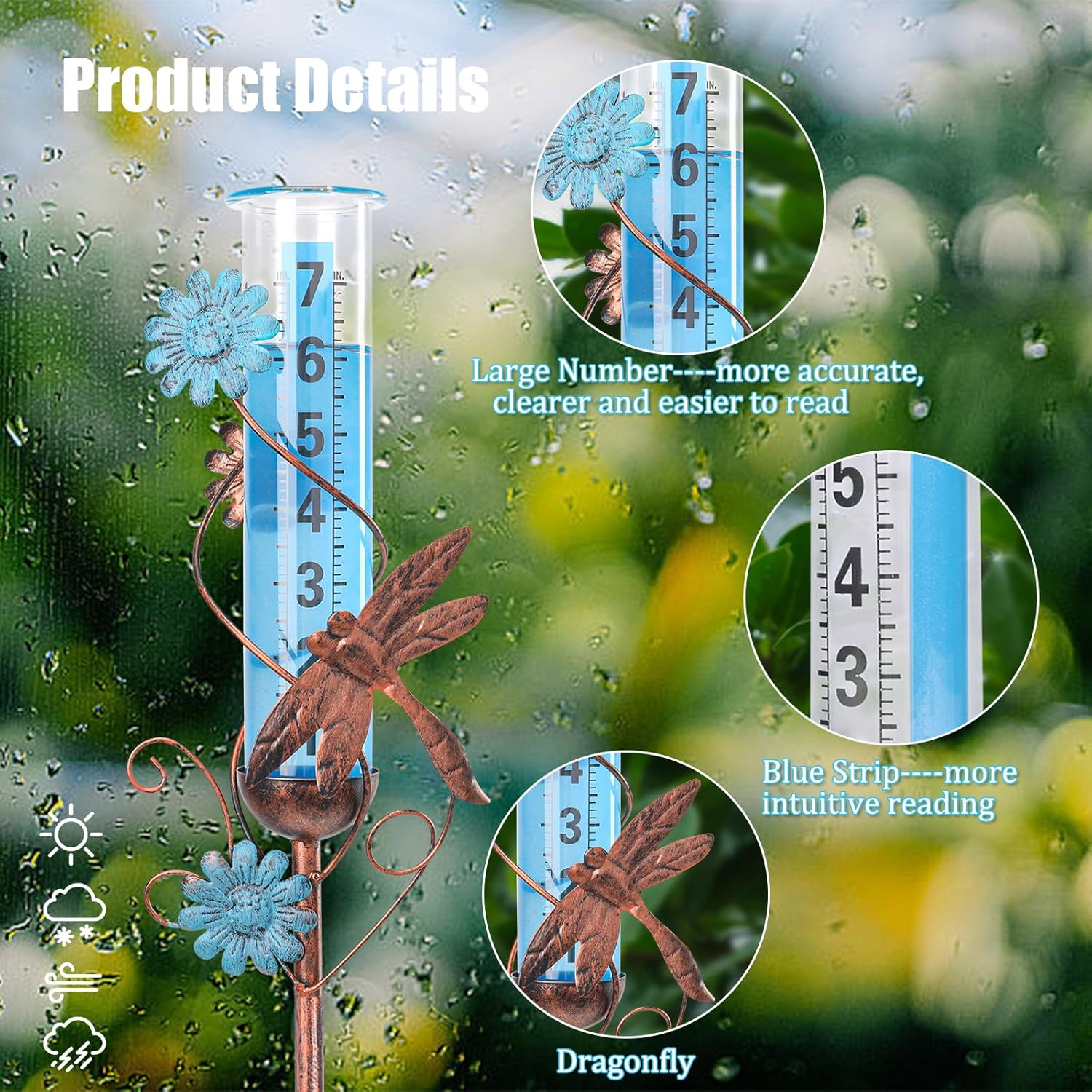 Rain Gauge Outdoor - Freeze Proof Rain Gauges Outdoors Best Rated, 36 Inch Dragonfly Decorative Rain Gauge Garden Stake for Yard Outdoors Fence Decoration image number 4