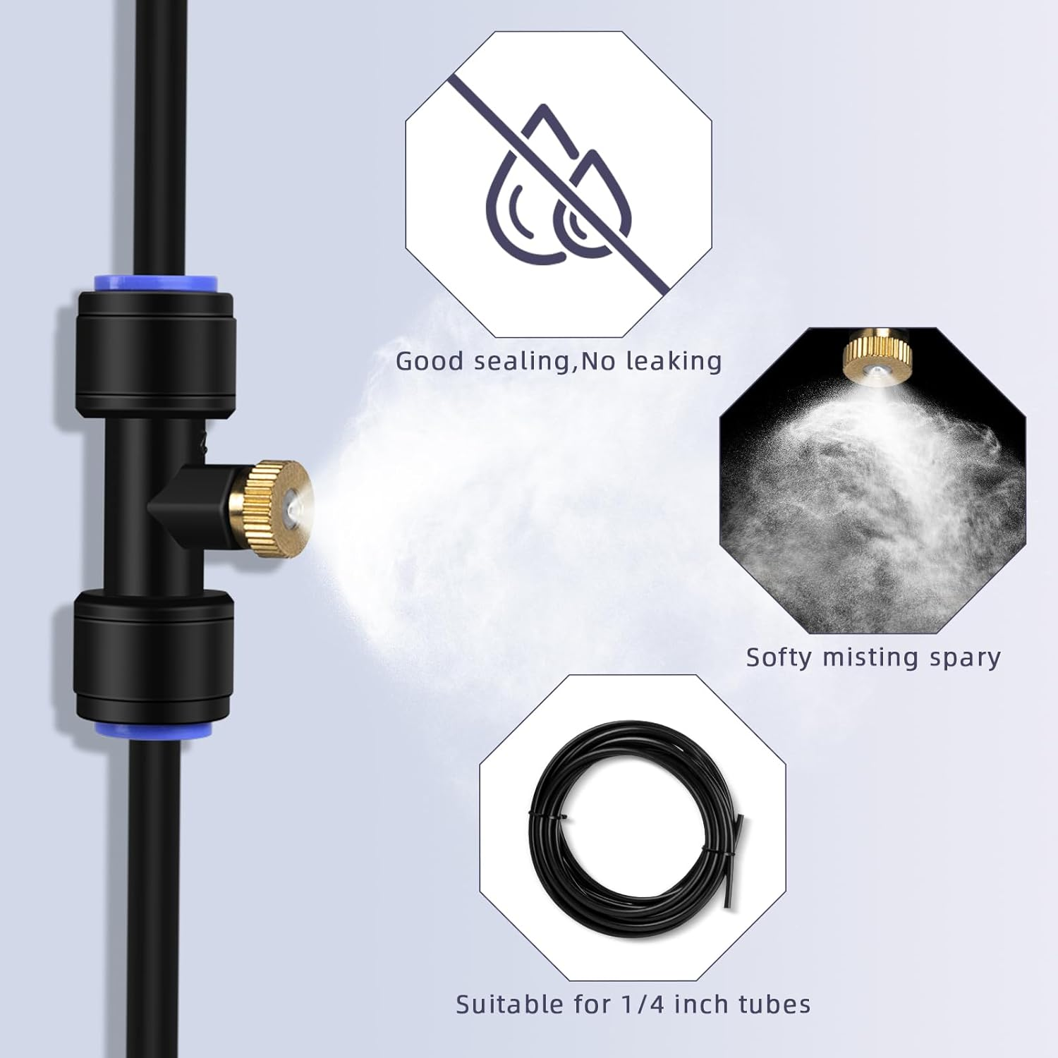Lifeegrn Brass Misting Nozzle Kit, 12 Mister Nozzles + 8 Tee Connectors + 2 End Plugs for Outdoor Cooling Misting System image number 6