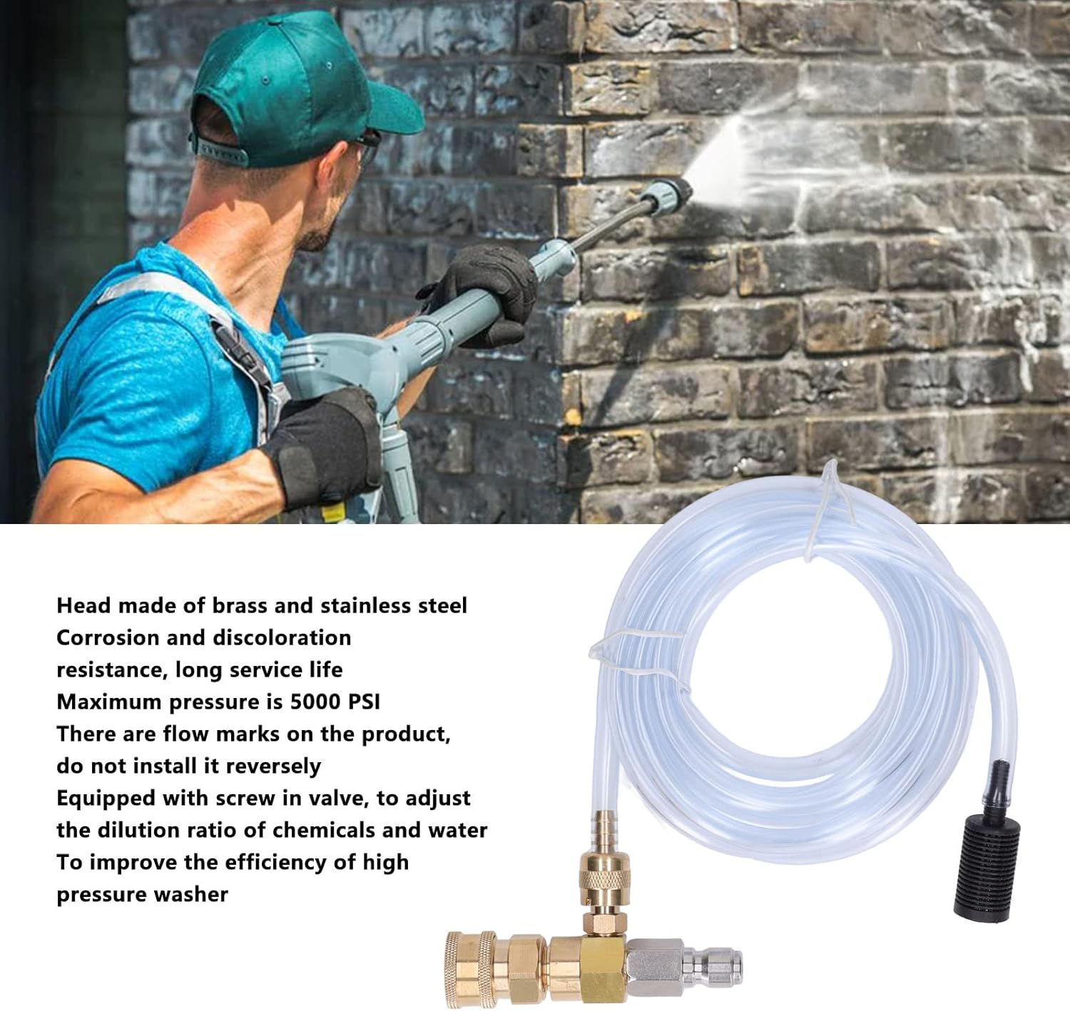 Pressure Washer Chemical Injector 5000PSI Brass Stainless Adjustable Downstream Injector with 9.8Ft Tube image number 5