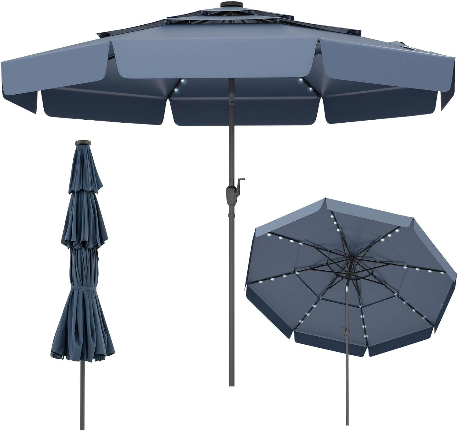 Costway 3M Solar Patio Umbrella W/ 32 LED Lights, 3-Tier Vented Top, Ruffles, Tilt Adjustment, Easy Crank, 8 Ribs, Outdoor Yard Poolside Deck Beach Lawn Market Sunshade, Heavy-Duty Table Parasol
