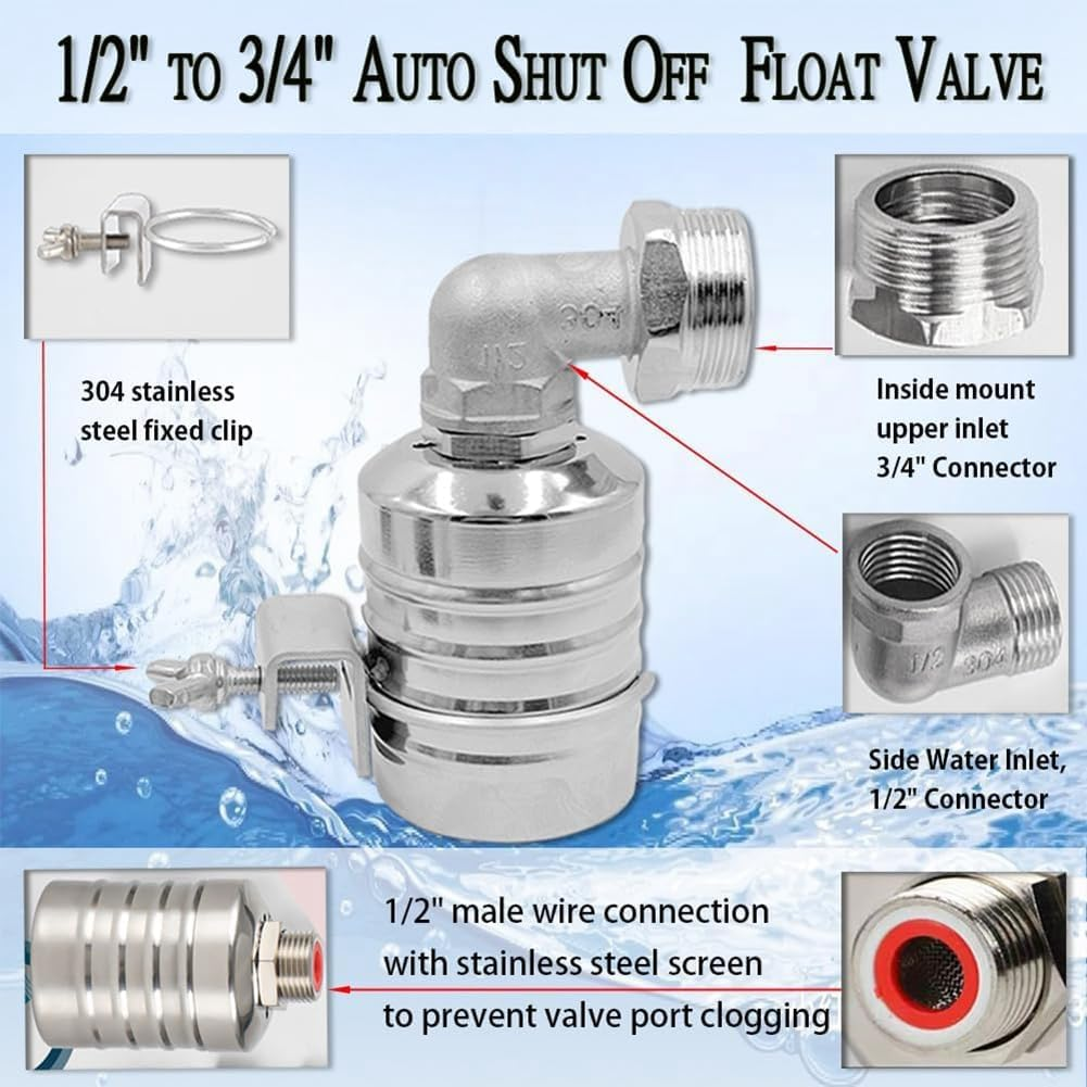 Aswalling Float Valve,1/2 Inch to 3/4 Inch Water Float Valve,304 Stainless Steel Fully Automatic Water Level Control Float Valve