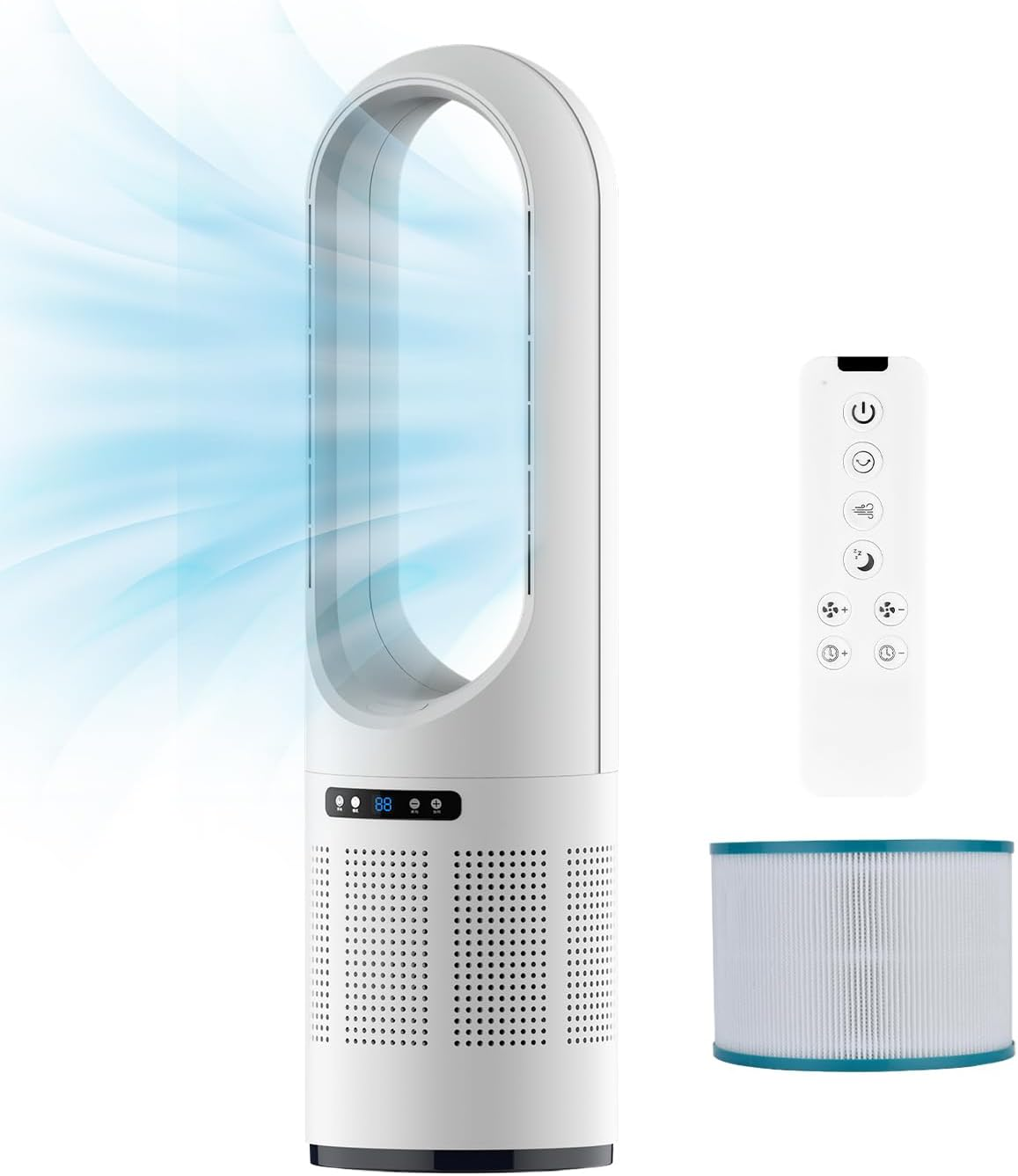 Bladeless Fan,26.5Inch Heating & Cooling Combo Tower Fan 80&deg; Oscillating, 9H Timer, 8 Speeds, Portable Quiet for Indoor, Bedroom, Home Office Room (Gold&White, 26.5 Inch Heating & Cooling)