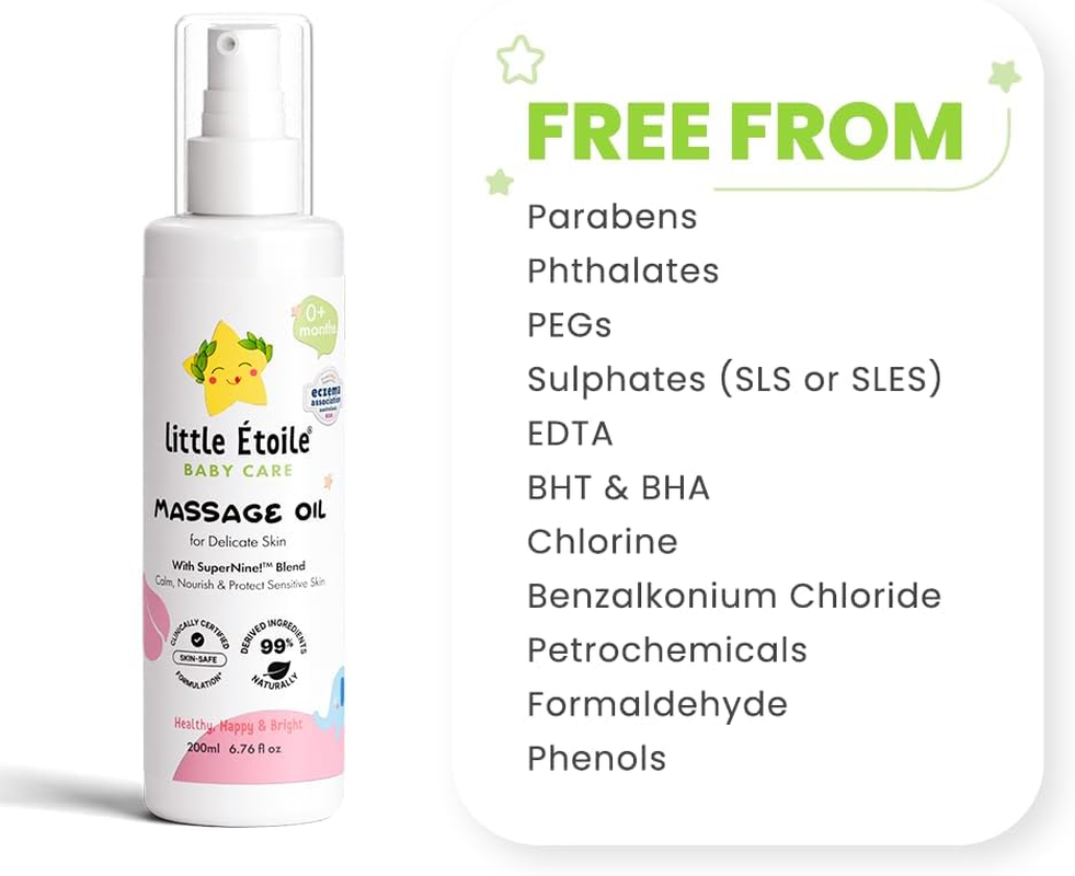 Little &Eacute;toile Natural Baby Massage Oil &ndash; Gentle Baby Bath Oil with Botanical Blend for Newborns 0+ Months &ndash; 200Ml image number 2