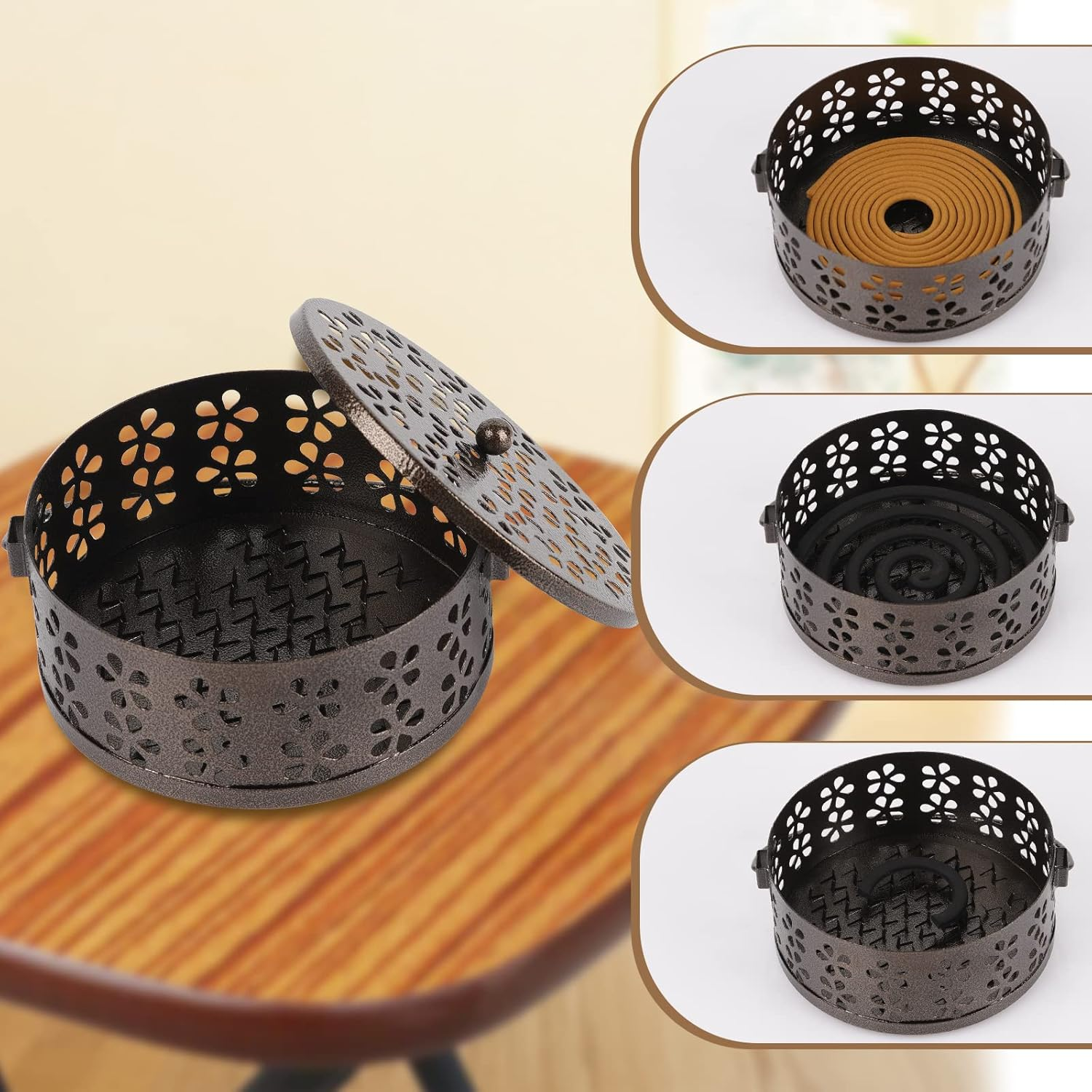 Retyion Retro Portable Iron Mosquito Coil Holder with Handle round Fireproof Incense Holder for Home Office Camping (Bronze) image number 5