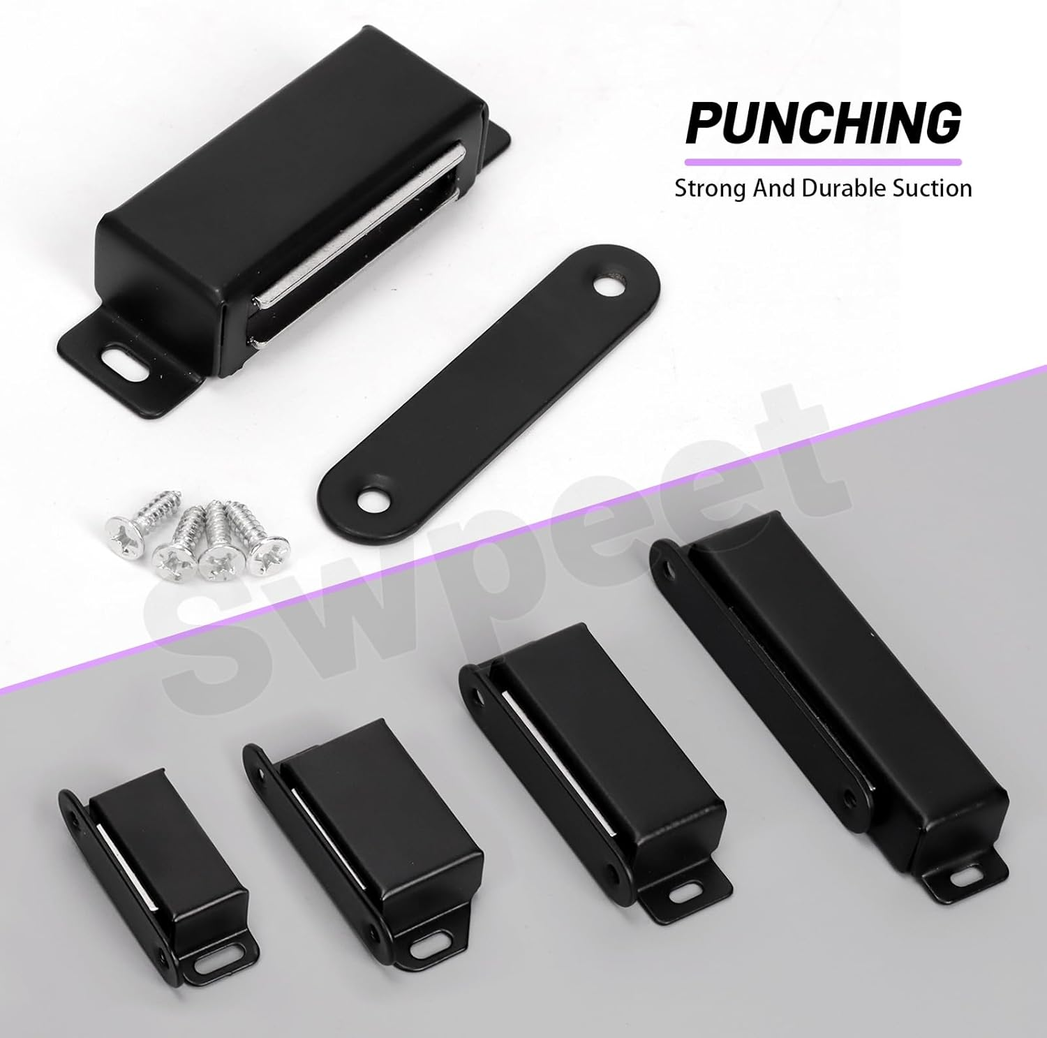 Swpeet 8 Pack 2.16" X 0.8" Black Medium Stainless Steel Cabinet Magnetic Catch with Screws Assortment Kit, Strong Door Magnetic Catches for Door Kitchen Cupboard Closure Closet Door Closer image number 6