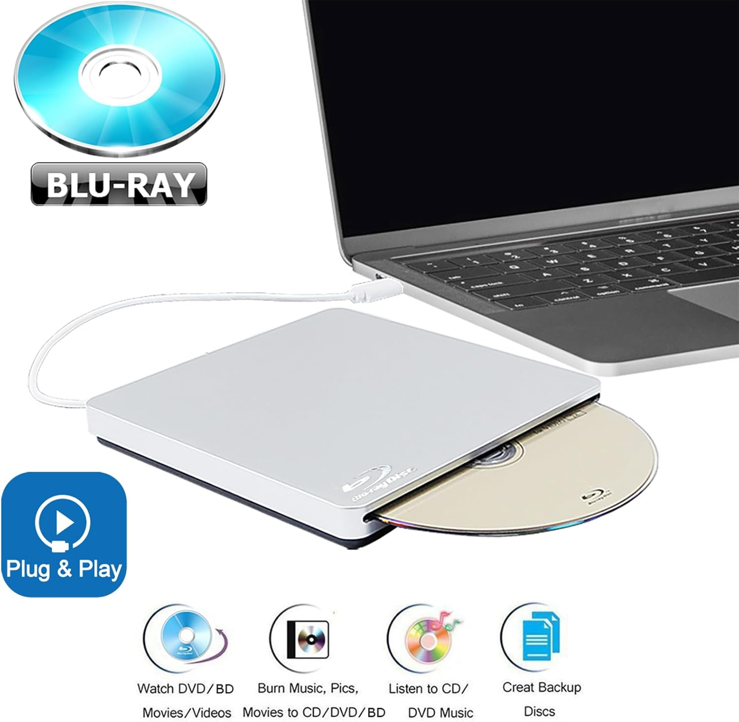 USB-C External USB Superdrive for Mac CD DVD BD Blu-Ray Burner Player, for Apple Macbook Pro M1 M3 14 2017 16 2020 2019 2023 2015 2022 2018 M2 Inch Laptop, BD-RE DL 8X DVD+-R/RW Optical Drive, Silver