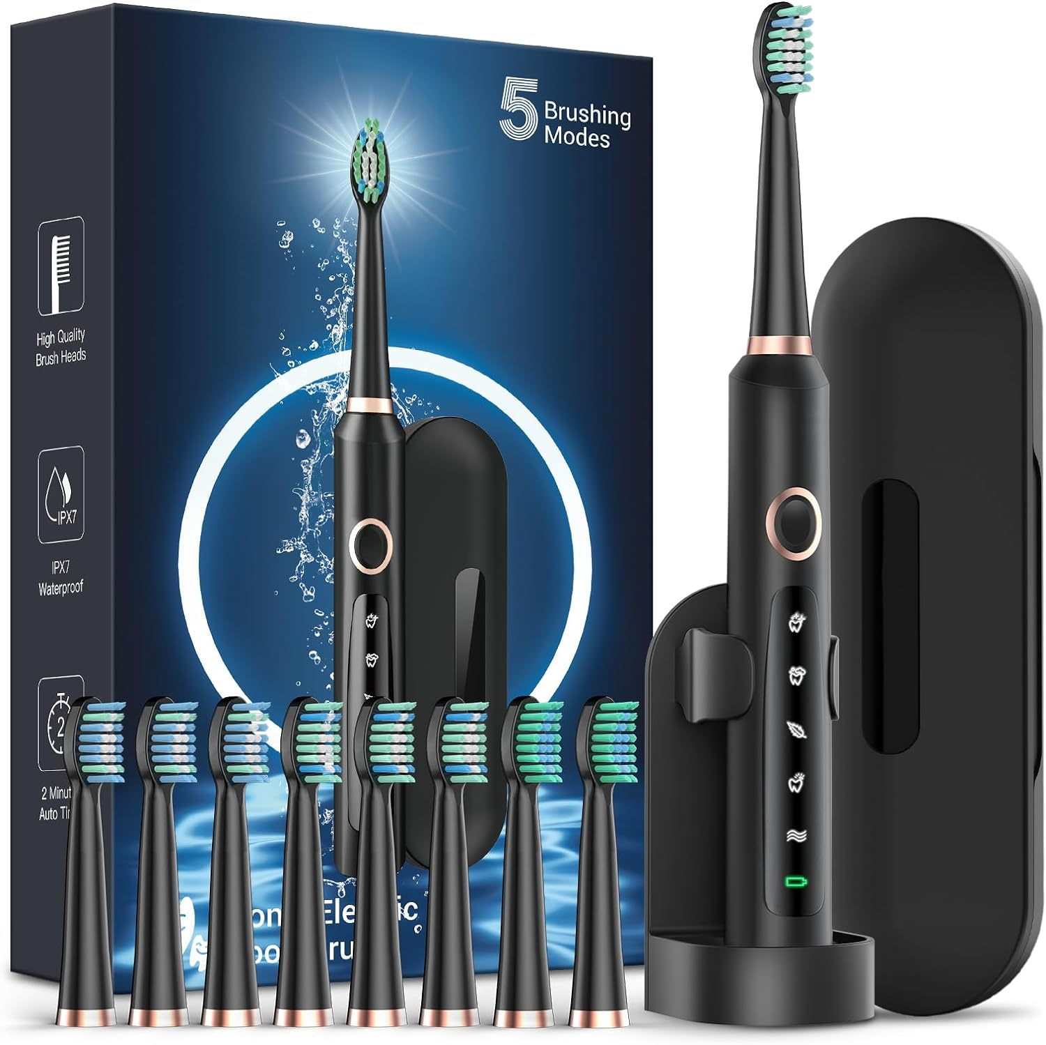 Sonic Electric Toothbrush for Adults - Rechargeable Electric Toothbrush with 8 Brush Heads & Travel Case,Teeth Whitening , Power Electric Toothbrush with Holder, 3Hours Charge for 120 Days - Black