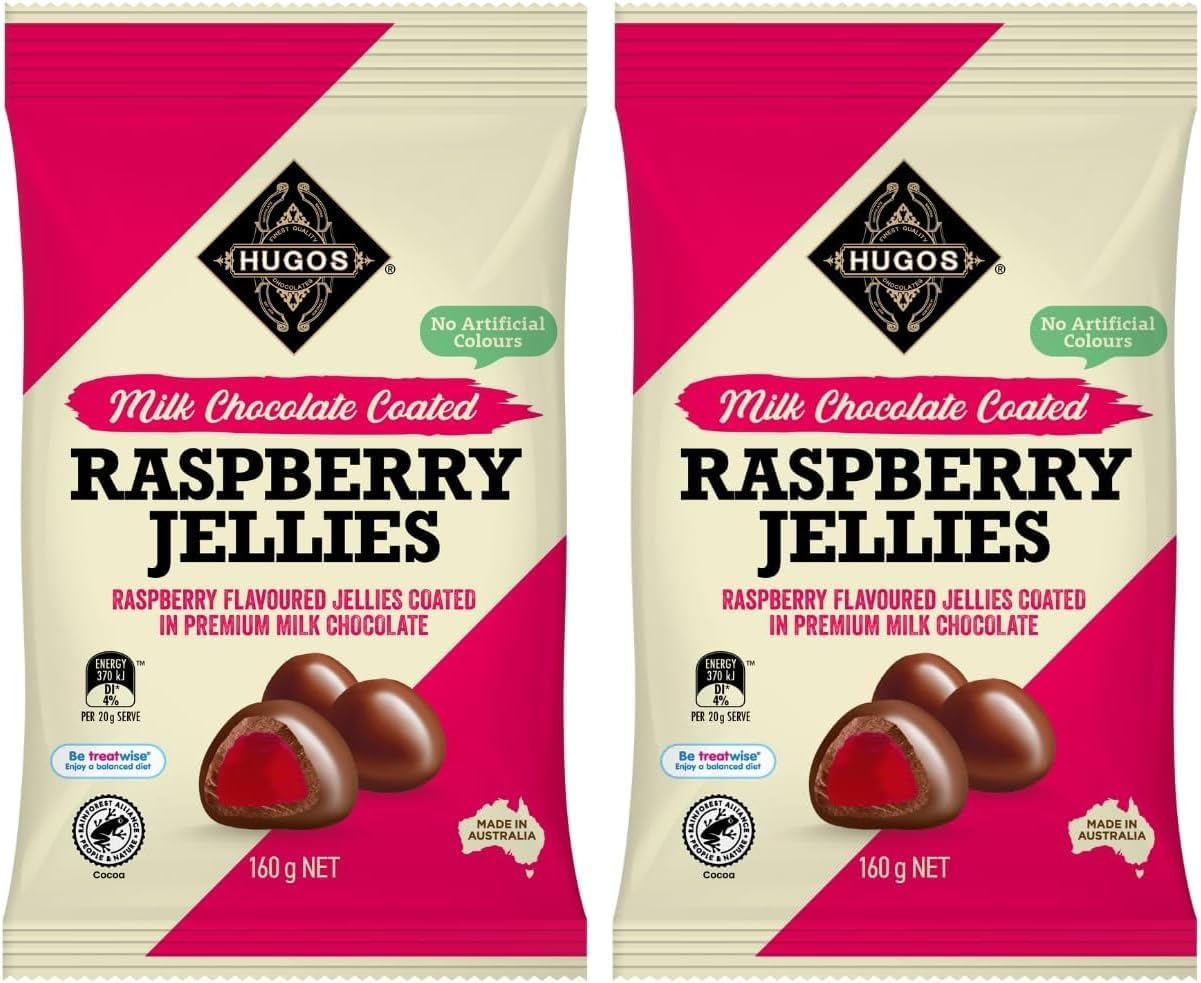 Hugos Milk Chocolate Coated Raspberry Jellies 160G