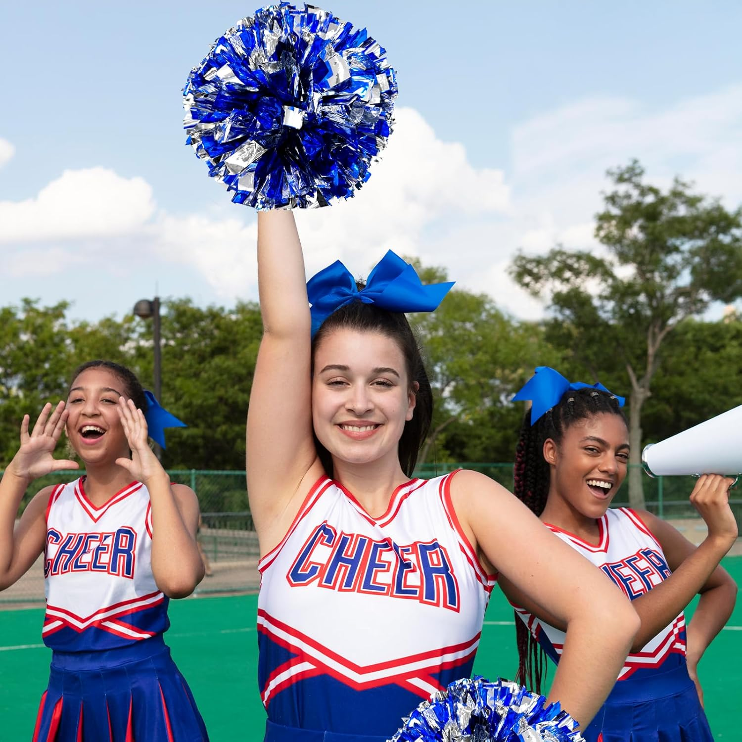TEAONE Cheer Balls, 4 PCS Cheerleading Pom Pom for for Team Sport, Dance Cheering (Blue, Silver)