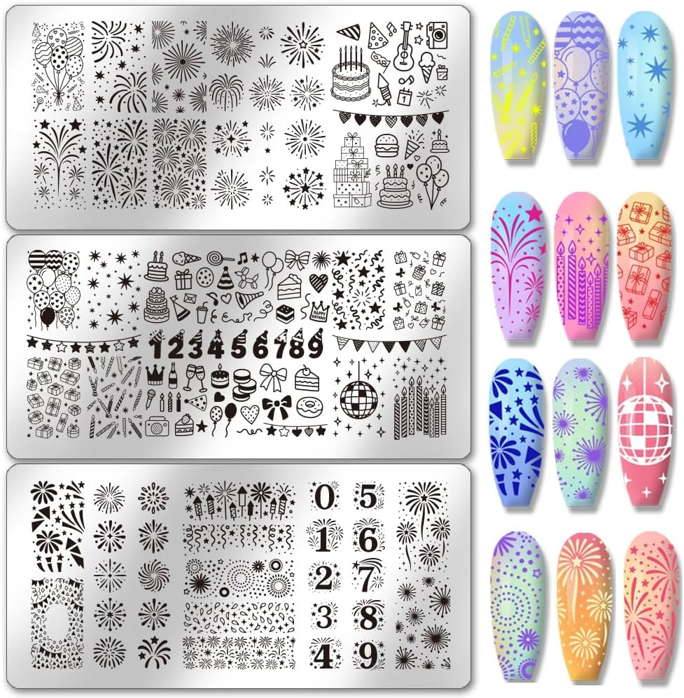 PH Pandahall 3Pcs Birthday Party Nail Stamping Plates Fireworks Pattern Nail Art Stencils Cake Number Manicure Art Templates Celebration Elements Nails Image Plates for Women Manicures Design Print image number 4