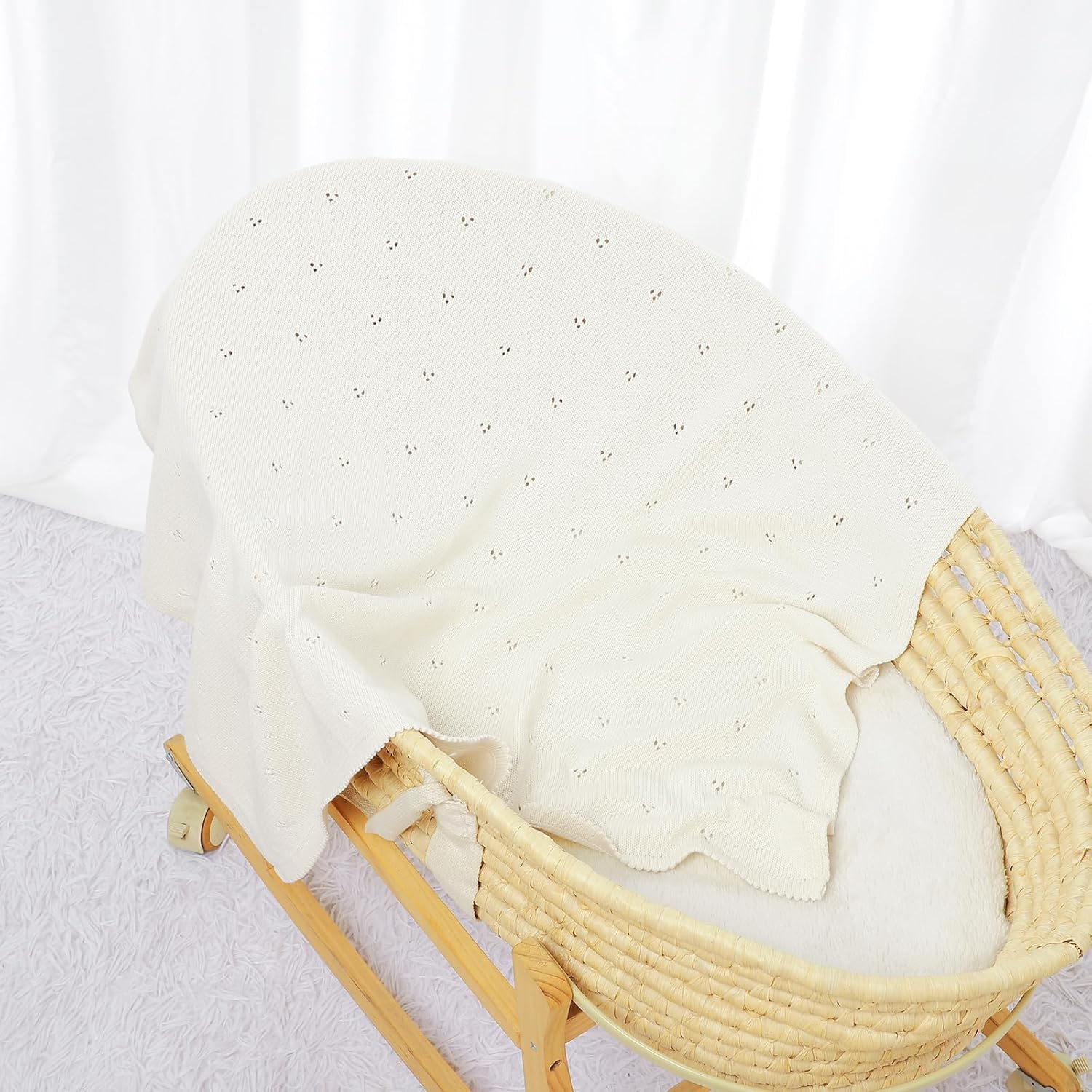 Baby Blanket 100% Cotton Cellular Blanket Baby Soft Cosy Knitted Blanket Cream 100X80Cm image number 5