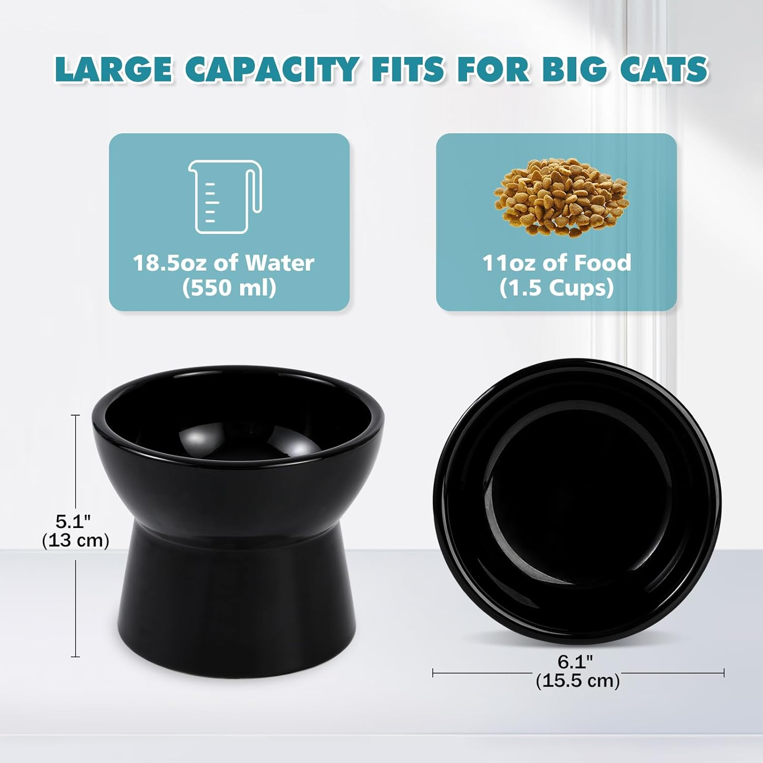 Raised Ceramic Cat Water Bowl - Elevated Cat Food Dish anti Vomiting - Large Tall Cat Feeding Bowls - Extra Wide Cat Bowl Whisker Friendly - Microwave and Dishwasher Safe - 6.1 Inch - 18.5 Oz - 550 Ml image number 5