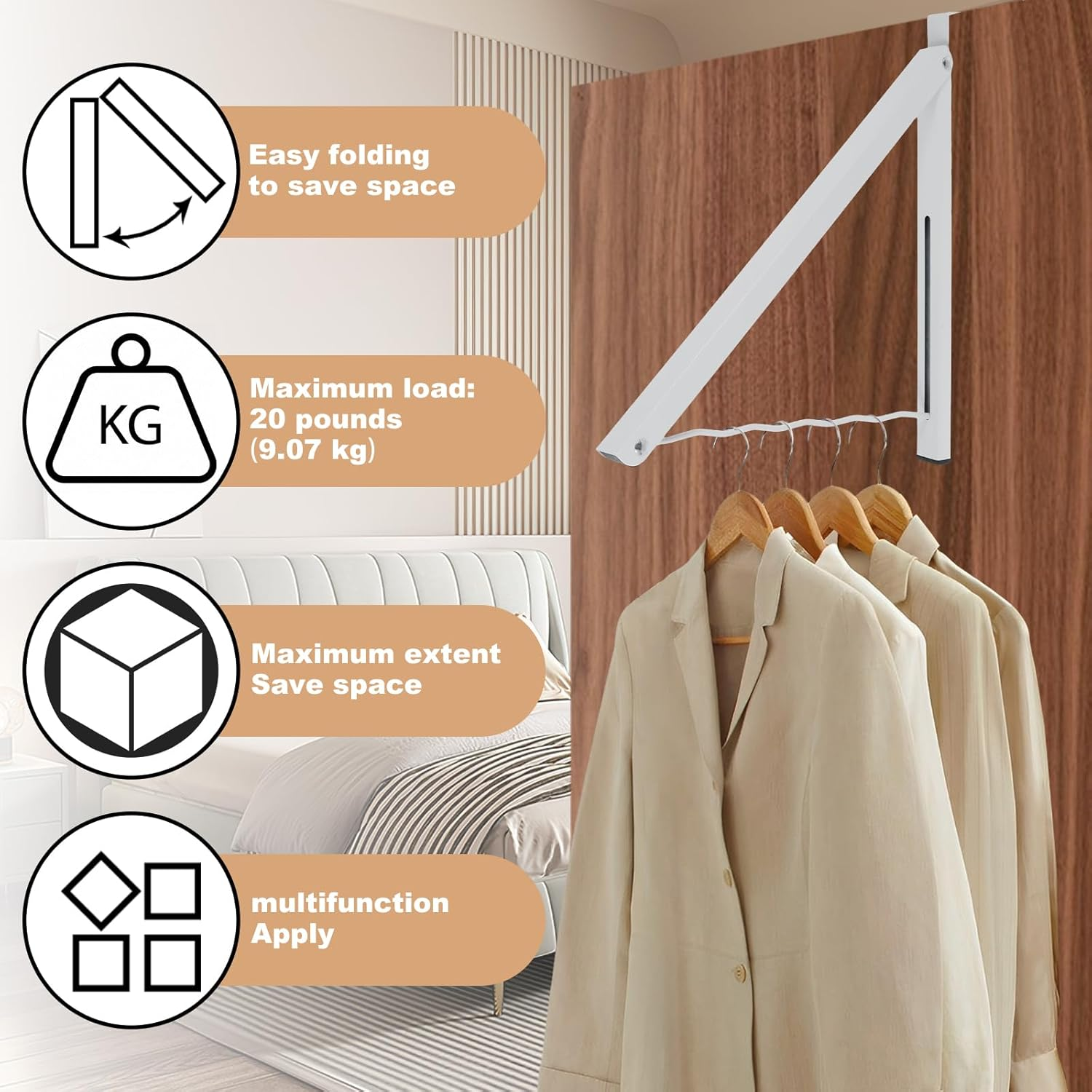 2Pcs over the Door Hanger Metal Foldable Hanging Rack 20Lbs Weight Capacity Collapsible Clothes Drying Single Rod Laundry Hanger Hook Closet Hanger Organizer for Bedroom Bathroom (White) image number 5