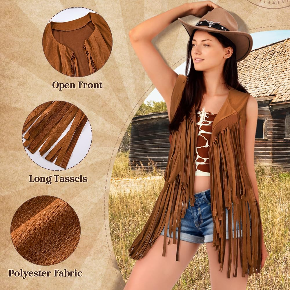 Slowton Western Outfits for Women - Cowgirl Outfit Costume Accessories with Fringe Vest Disco Cowboy Hat, Hippie Costume Outerwear for Halloween Cosplay Party 70S Retro Themed Party image number 2