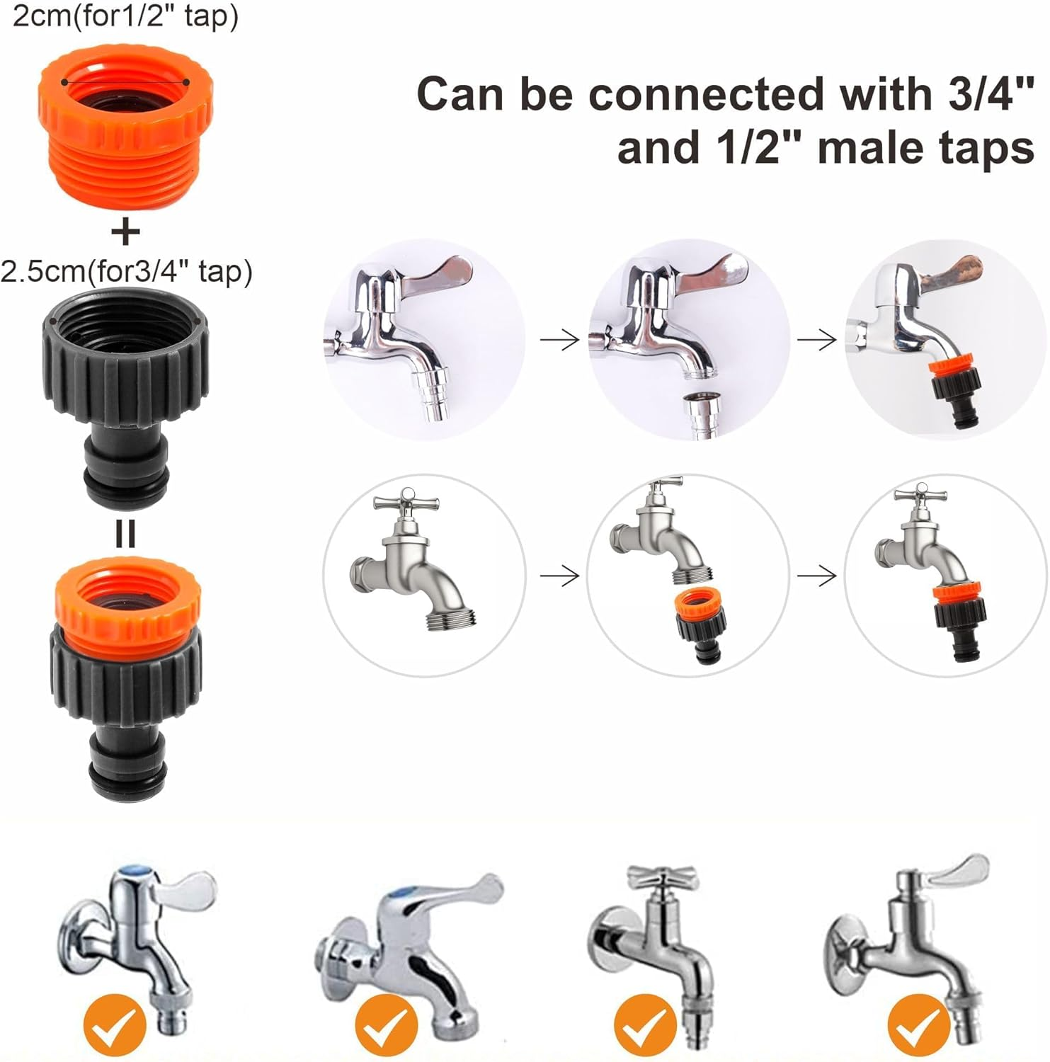 Garden Hose Connectors Set, Hose Pipe Connector Set, outside Tap Connector, Water Hose Spray Gun for Plants, Lawns Watering, for Hose Water Hose to Tap Connectors Adapter for Tap 3/4'' 1/2''