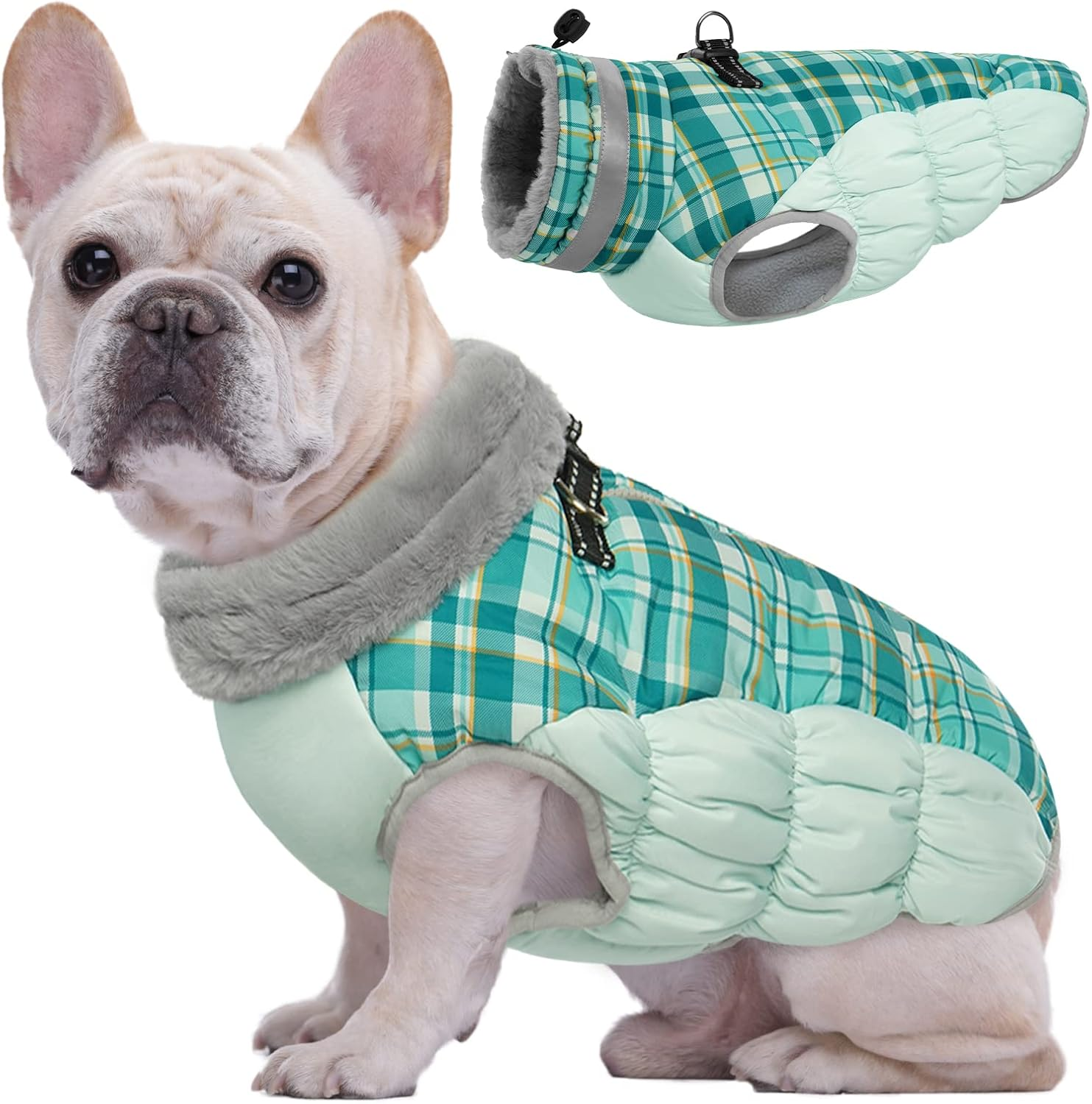 Kuoser Waterproof Dog Coat - Winter Jacket with Fleece Lining, Fur Collar, Reflective Warm Vest for Cold Weather, Green Plaid, Size M image number 3