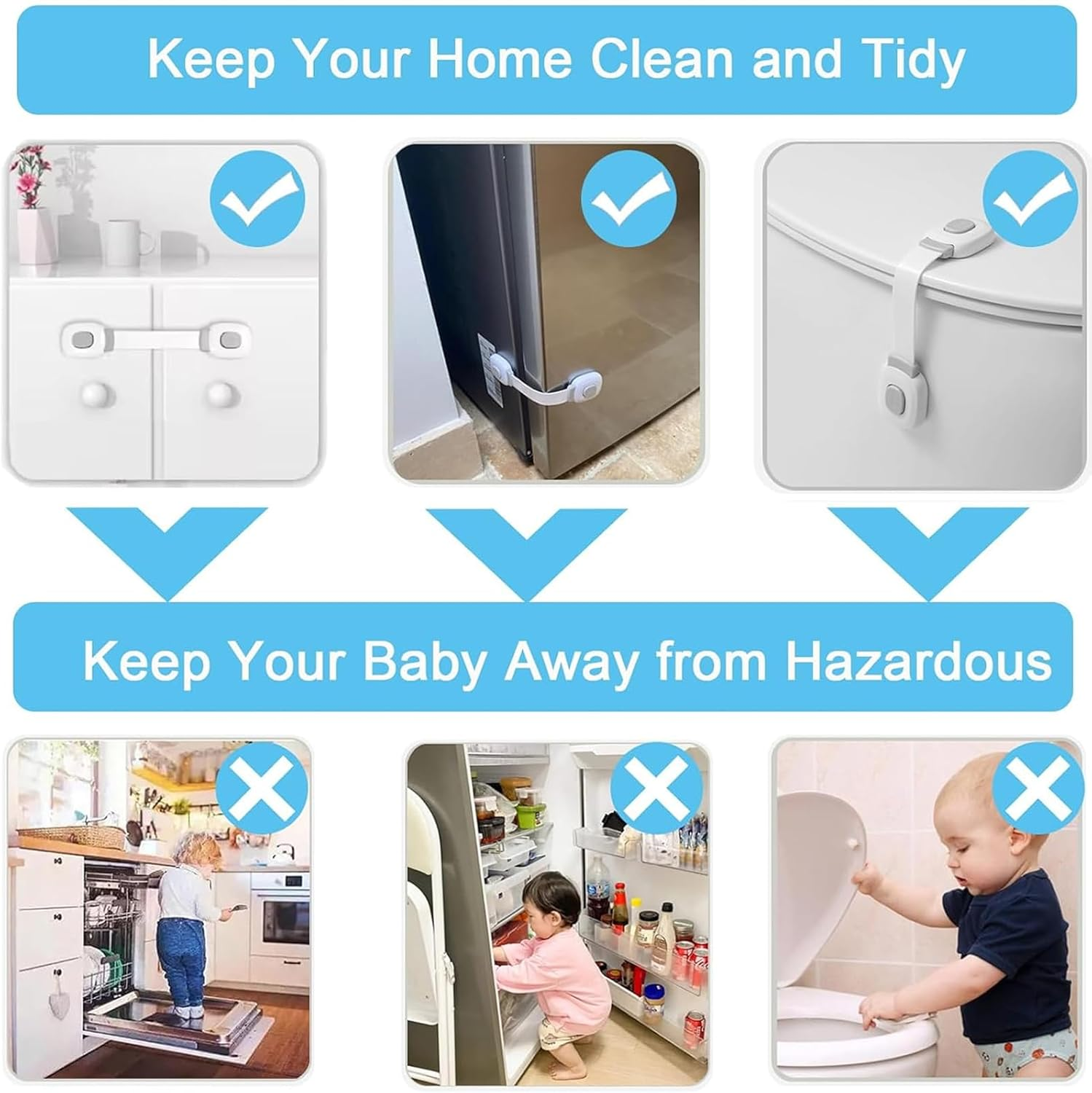 Fursafe&Q Baby Cabinet Locks, Child Safety Cabinet Proofing - Child Safety Strap Locks Adhesive Drawer Fridge Ovens Door Toilet Latches No Drill Multi-Purpose for Furniture Kitchen Lock 6 Pack image number 2