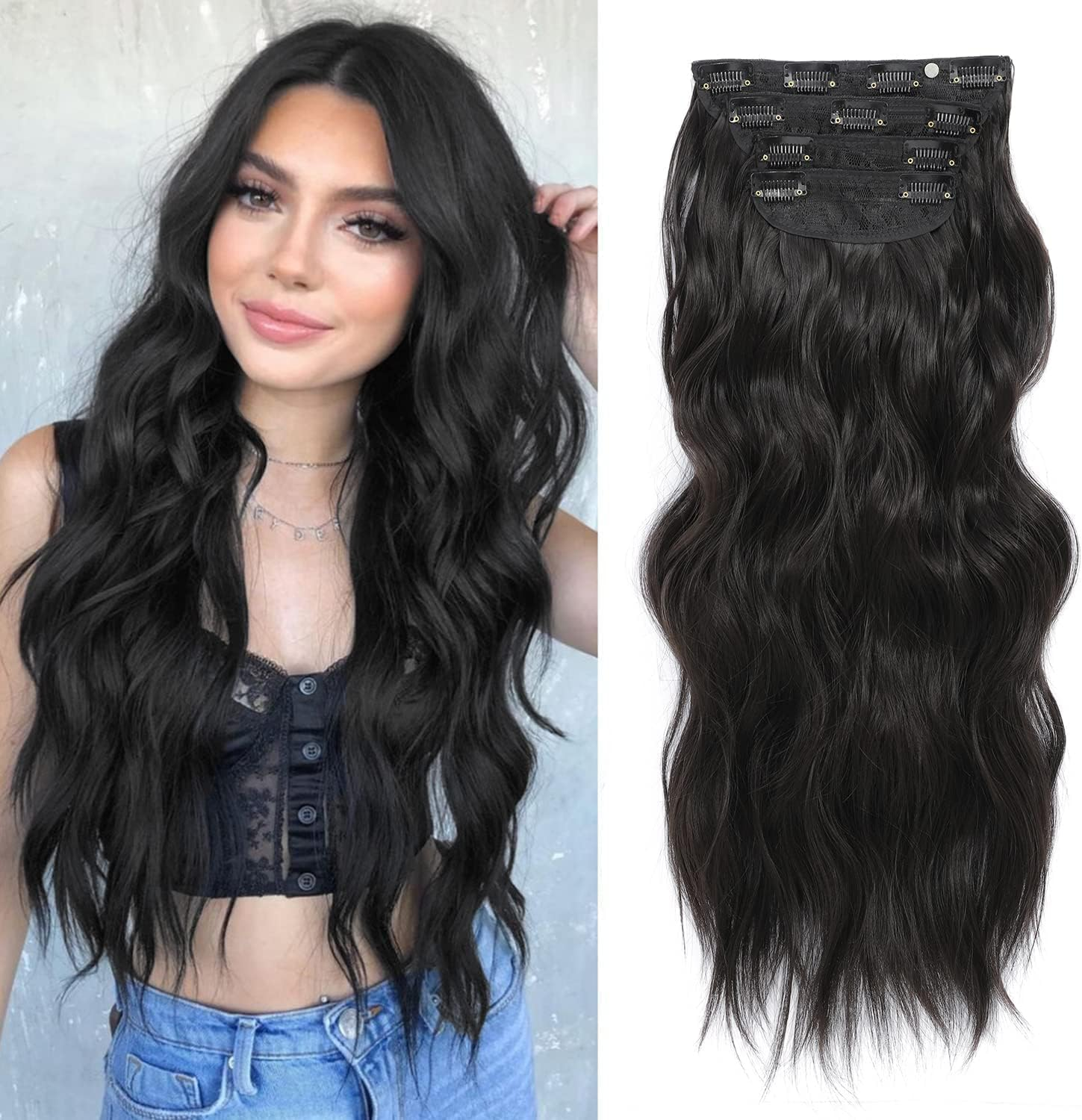 FINE plus Clip-In Extensions, 4 Pieces Long Wavy Hair Extensions Clip in Dark Brown Soft Double Weft Brunette Extensions with Clip Synthetic Hairpiece for Women - 50.8 Cm