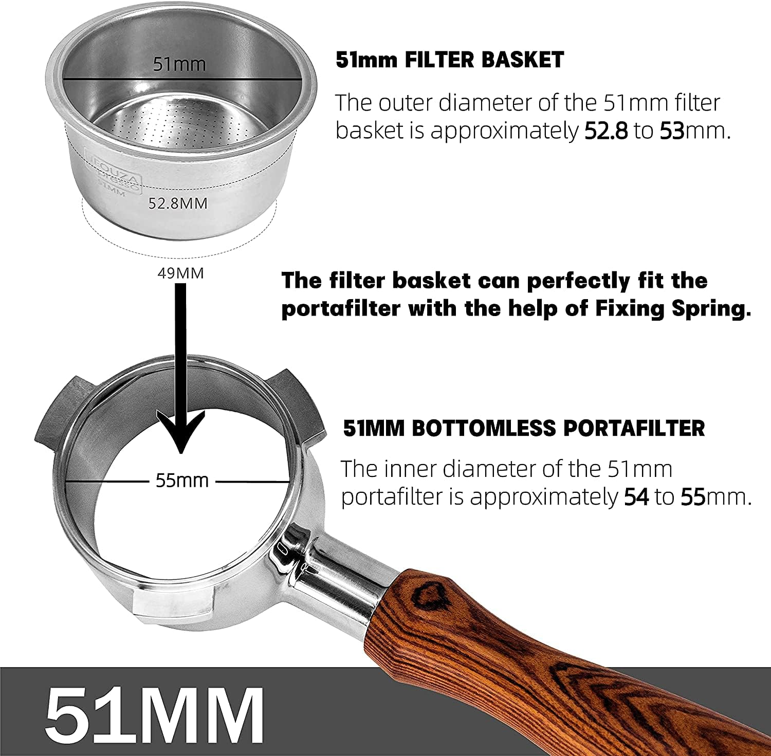 NEOUZA 51Mm 1 Cup Filter Basket for Coffee Portafilter, Compatible with Delonghi 51Mm Espresso Machines, 304 Stainless Steel image number 3