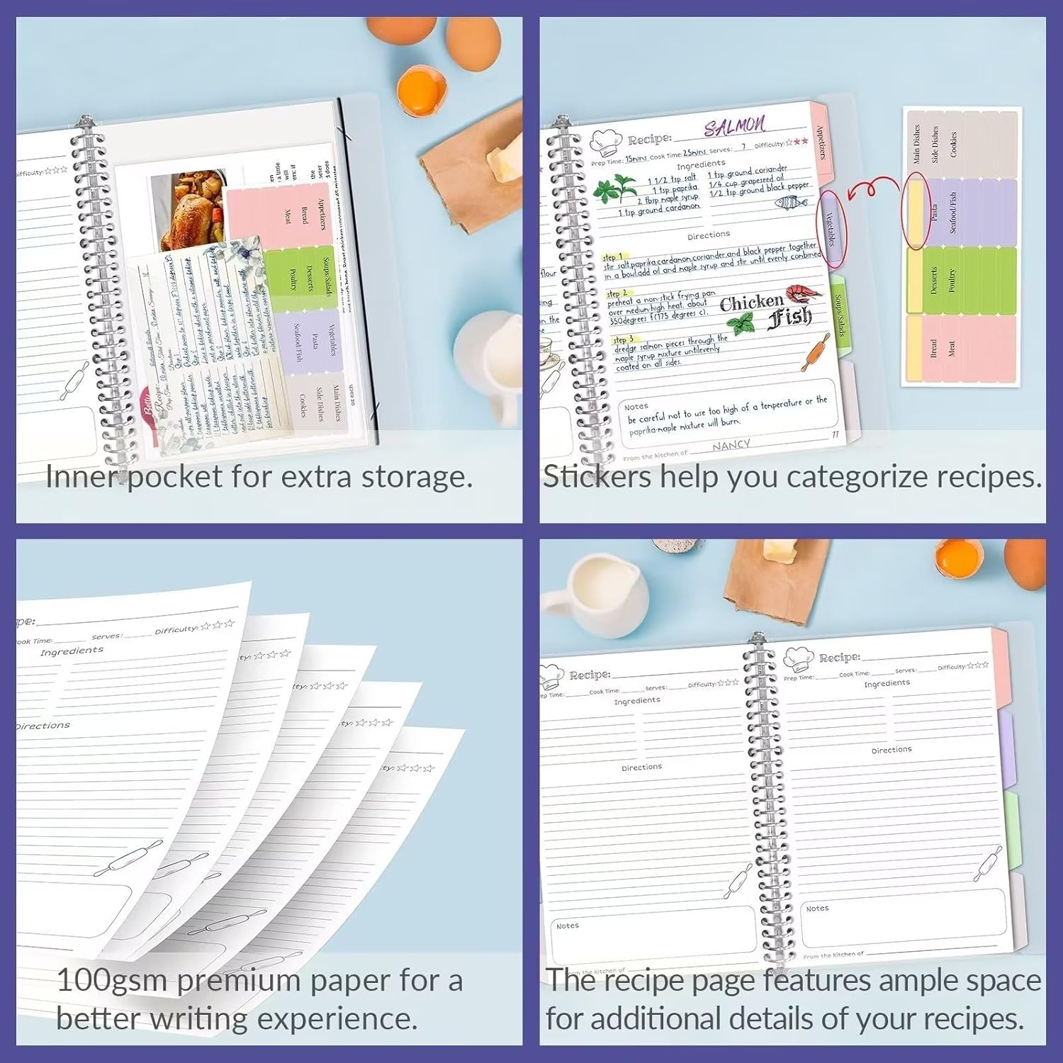 Blank Recipe Book to Write in Your Own Recipes, 8.5" X 11" Removable Hardcover Family Recipe Binder with Dividers, Customized Personal Recipe Book Hold 140 Recipes (Salvia Blue) - Light Grey image number 6