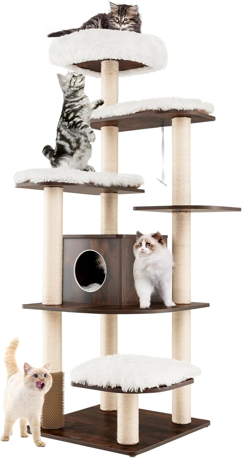 Costway 179 CM Tall Wooden Cat Tree, 7-Layer Cat Tower with Sisal Scratching Posts, Self Groomer, Top Perch, Private Condo, Washable Cushions, Cat Activity Center for Indoor Cats, Retro Cat Furniture