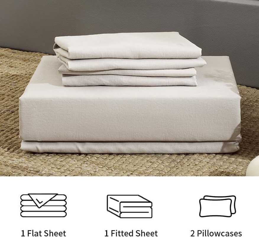 TUMEI 4 Pieces 100% Stonewashed French Linen Bedding Sheets Set, 16" Deep Pocket, 1 Fitted Sheet & 1 Flat Sheet & 2 Pillowcases, Solid Color, Soft & Comfortable (Natural Color, Queen Size) image number 5