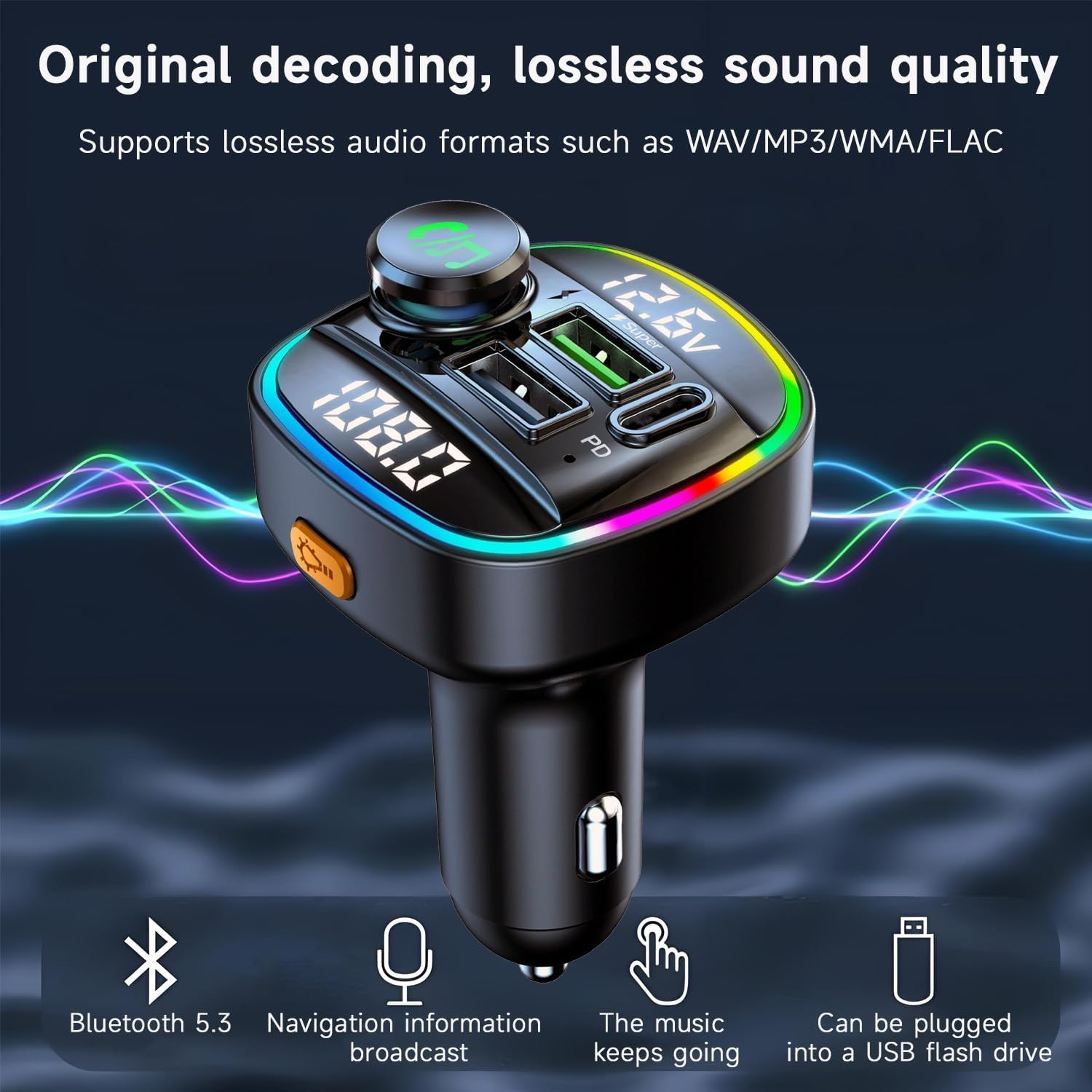 QUMOX Bluetooth 5.0 FM Transmitter for Car, C22 Adapter with 30W PD Fast Charging, Voltage Display, Big Knob Control, USB/TF Music Playback, Voice Assistant, Hands-Free Calls image number 5