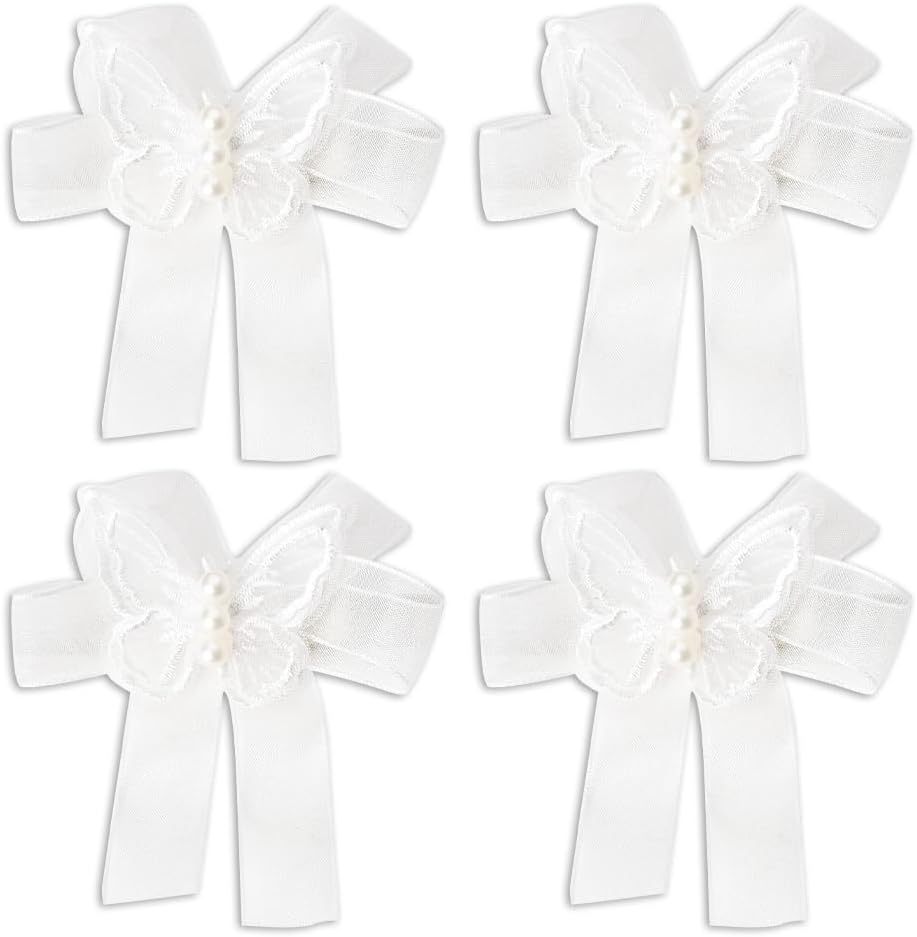 Small Butterfly Hair Clips for Women Girls - Mini Lace Bow Set White Tulle Hair Accessories - Flower Girl Hair Clips for Wedding - Decorative Pearl Bow Barrette 4 Pack